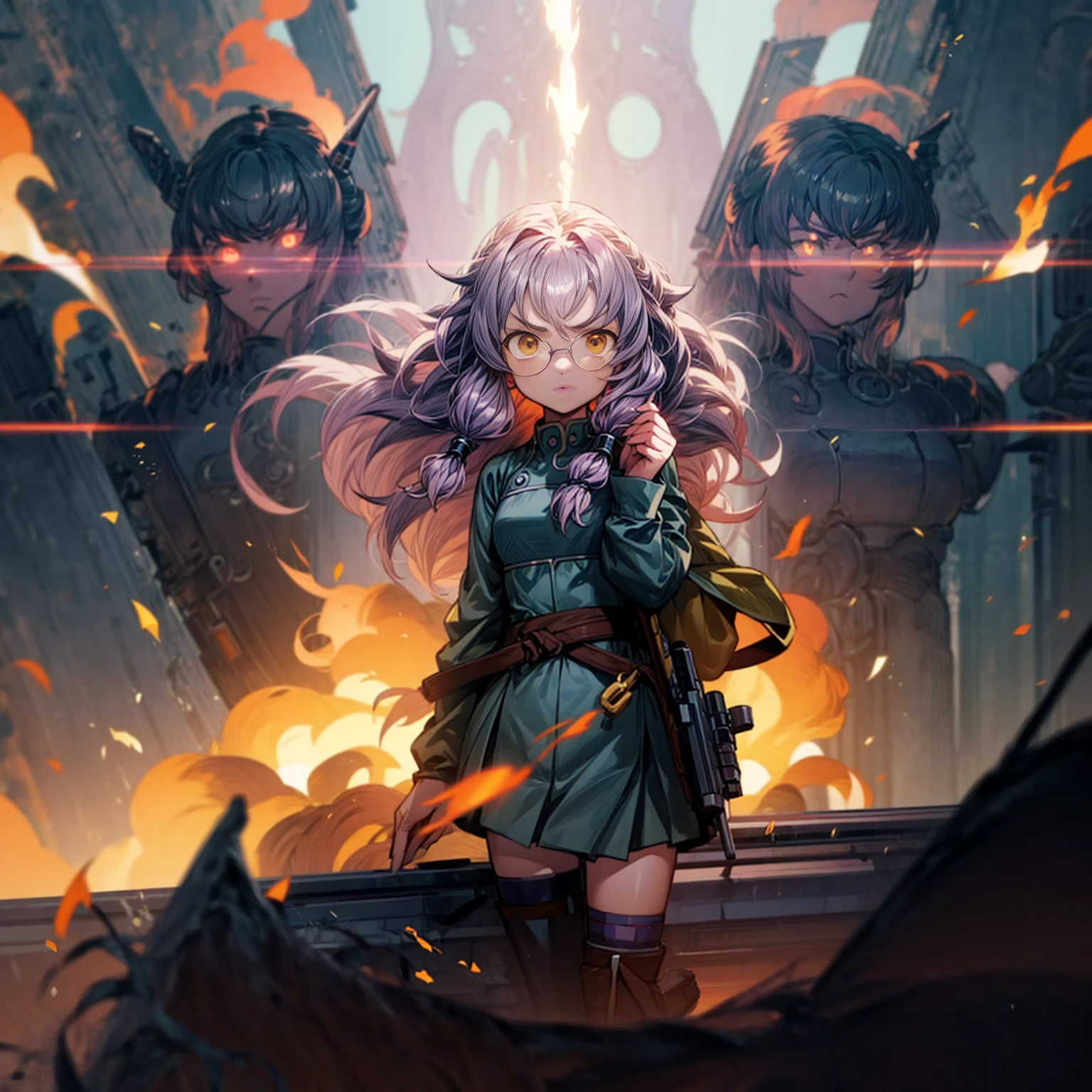 1tall girl, 1character, gold eyes, long Curly haircut, lavender color hair, army style clothing, white glasses, Long socks, boots army, Grassroots, background in top of the building, motion blur, (dragon ball style art), Big robot gun in hand, smoke effect, aura effect, Fire, lighting fire, plasma effect, fire city, (half body view version, angry , standing gesture)