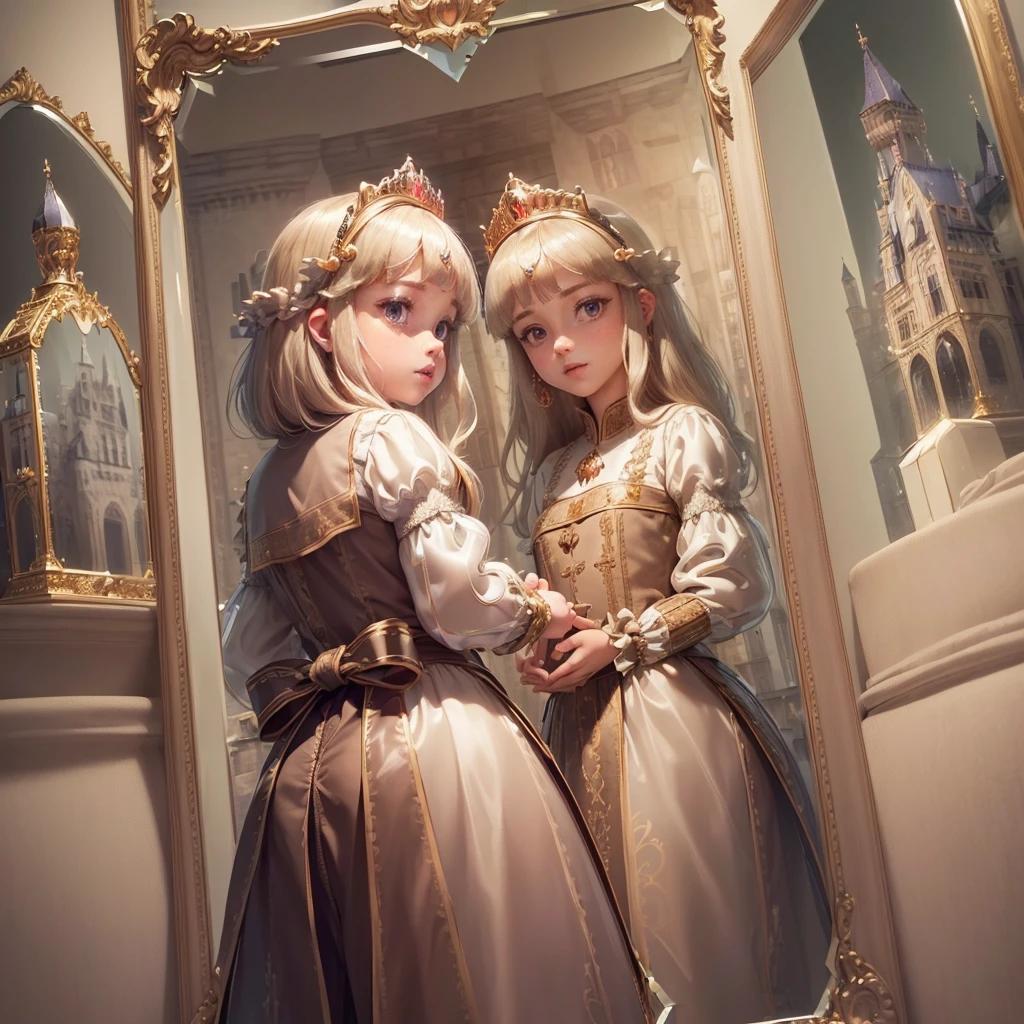 (Princess:1.6),(I see the castle reflected in the mirror:1.6),masterpiece,high quality,(Highly Detailed CG Unity 8k Portrait:1.3),Nice views,8--old l,Medieval dress, Gold embroidery