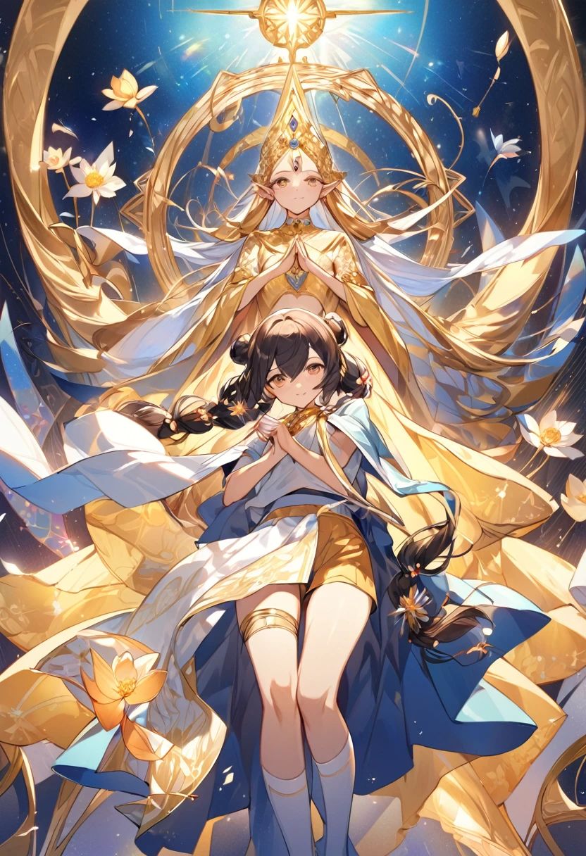 An unexpected yet harmonious blend of divine and contemporary elements, featuring an Indian goddess and her god brother dressed in modern school attire. The goddess, with her skin glowing like molten gold and eyes as deep as the cosmos, dons a crop top that exposes her toned midriff adorned with an intricate tapestry of celestial symbols. Her attire is completed by a mini skirt that flutters with the grace of a lotus petal in the wind, revealing thigh-high socks that seem to hold the power of the universe within their patterns. Her long, flowing hair is tied in twin buns atop her head, each adorned with a vibrant flower that matches the blooming bouquet around her waist. Her brother, a youthful deity, is no less striking in his of shorts and a short-sleeve shirt. His shirt is unbuttoned at the collar, offering a glimpse of the sacred thread that lies underneath, a testament to their divine lineage. He wears knee-length socks that climb up his legs, each step he takes leaving a trail of light. Despite their celestial origins, the siblings exude a playful air, their expressions a mix of excitement and mischief as they stride confidently towards the gates of a mortal school. Their bond is palpable in the way they lean into each other, their fingers brushing together in a gesture of unity and support. As they arrive, their fellow students stop in awe, recognizing the unmistakable aura of divinity that surrounds them, yet the siblings remain unfazed, eager to embark on this new chapter of their immortal lives. This image captures not only their sibling bond but also the timeless charm of mythological figures adapting to the ever-evolving human world, bringing a touch of the sacred to the mundane and showcasing the beauty of unity amidst diversity.