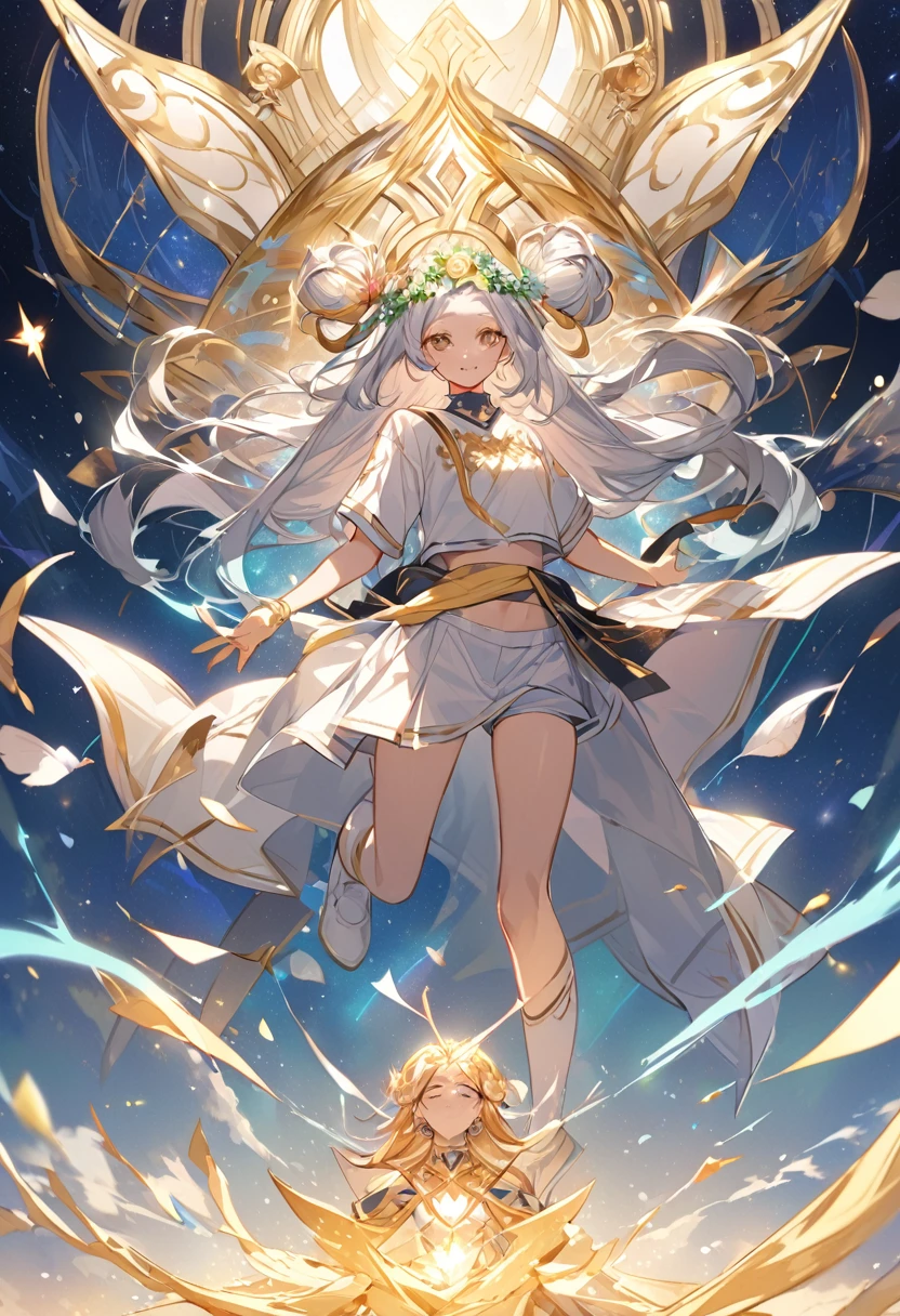 An unexpected yet harmonious blend of divine and contemporary elements, featuring an Indian goddess and her god brother dressed in modern school attire. The goddess, with her skin glowing like molten gold and eyes as deep as the cosmos, dons a crop top that exposes her toned midriff adorned with an intricate tapestry of celestial symbols. Her attire is completed by a mini skirt that flutters with the grace of a lotus petal in the wind, revealing thigh-high socks that seem to hold the power of the universe within their patterns. Her long, flowing hair is tied in twin buns atop her head, each adorned with a vibrant flower that matches the blooming bouquet around her waist. Her brother, a youthful deity, is no less striking in his of shorts and a short-sleeve shirt. His shirt is unbuttoned at the collar, offering a glimpse of the sacred thread that lies underneath, a testament to their divine lineage. He wears knee-length socks that climb up his legs, each step he takes leaving a trail of light. Despite their celestial origins, the siblings exude a playful air, their expressions a mix of excitement and mischief as they stride confidently towards the gates of a mortal school. Their bond is palpable in the way they lean into each other, their fingers brushing together in a gesture of unity and support. As they arrive, their fellow students stop in awe, recognizing the unmistakable aura of divinity that surrounds them, yet the siblings remain unfazed, eager to embark on this new chapter of their immortal lives. This image captures not only their sibling bond but also the timeless charm of mythological figures adapting to the ever-evolving human world, bringing a touch of the sacred to the mundane and showcasing the beauty of unity amidst diversity.