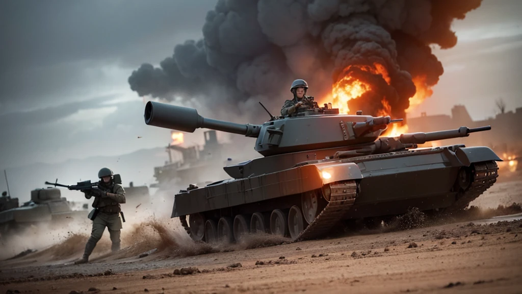 "A war scene with soldiers and tanks, alongside natural disasters like earthquakes and hurricanes."
