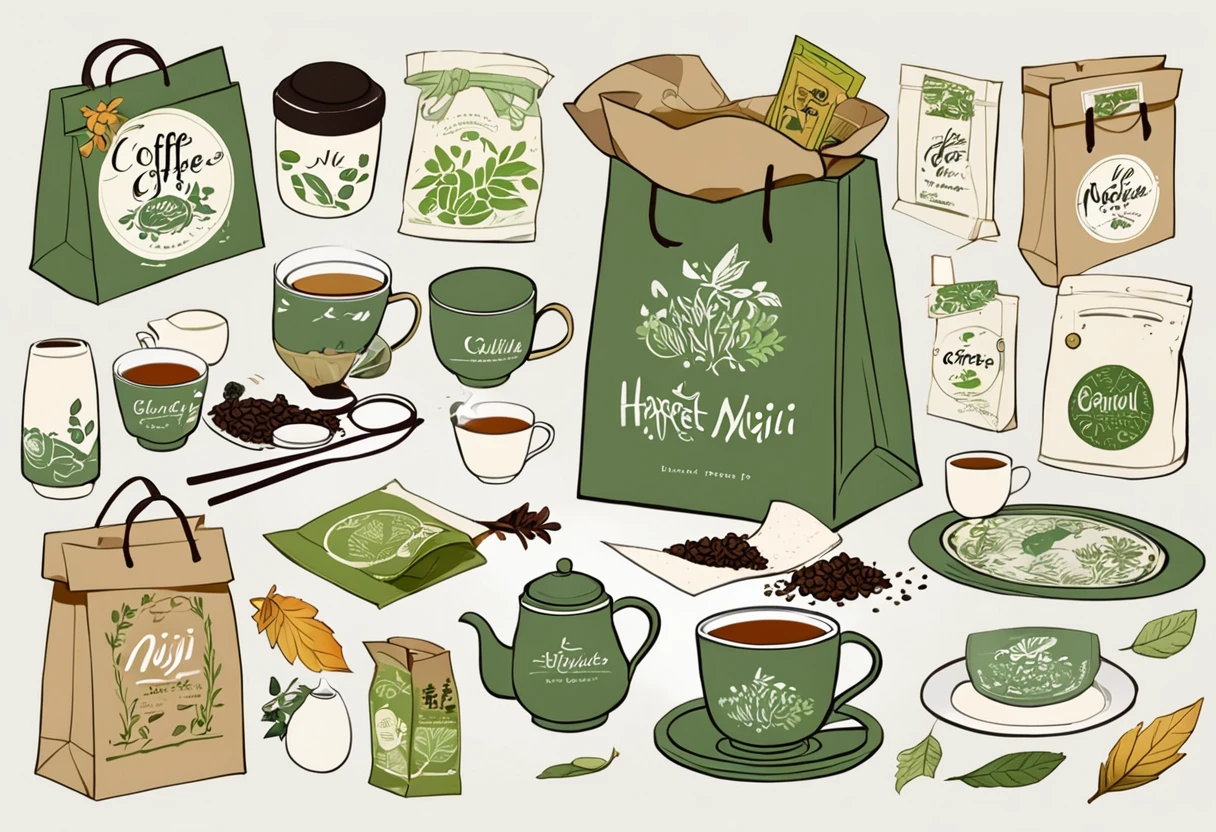 A set of tea sets for casual relaxation with illustrations,calligraphic fonts with green tones,coffee bags,paper bags,prints and accessories,with the theme of the harvest world,clean light gray background,(niji:2),hand-drawn,illustration style,