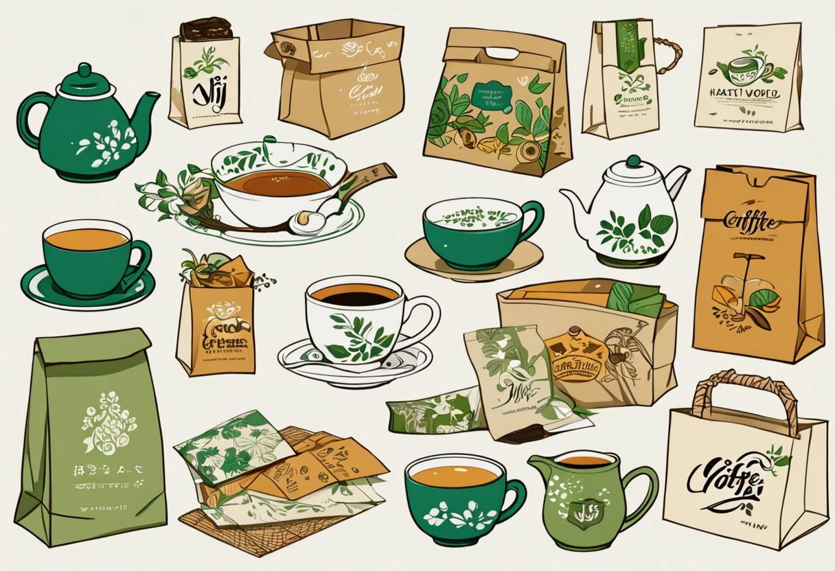 A set of tea sets for casual relaxation with illustrations,calligraphic fonts with green tones,coffee bags,paper bags,prints and accessories,with the theme of the harvest world,clean light gray background,(niji:2),hand-drawn,illustration style