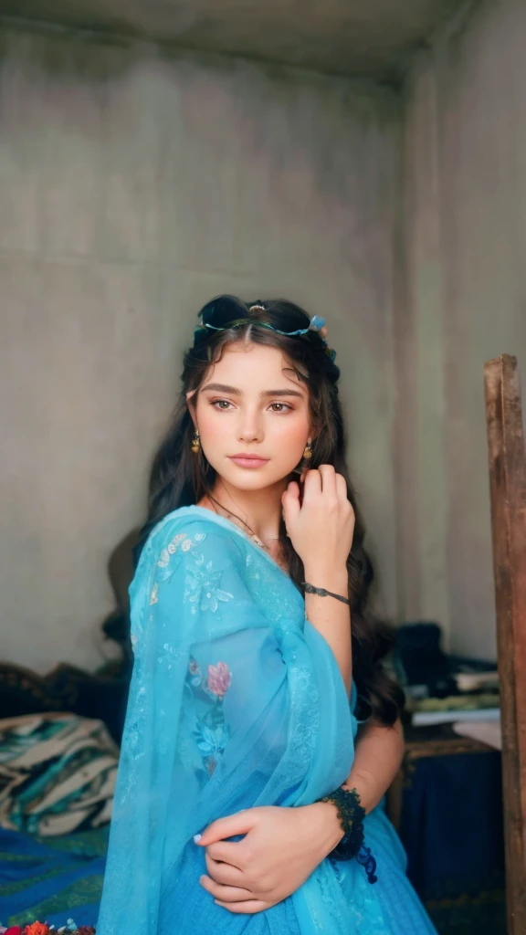 A beautiful girl with long flowing hair, detailed intricate floral crown, delicate features, piercing eyes, lush garden backdrop, vibrant colorful flowers, natural lighting, detailed skin, soft focus, dreamy atmosphere, elegant pose, serene expression, photorealistic, high quality, 8k, masterpiece, cinematic, fantasy art
