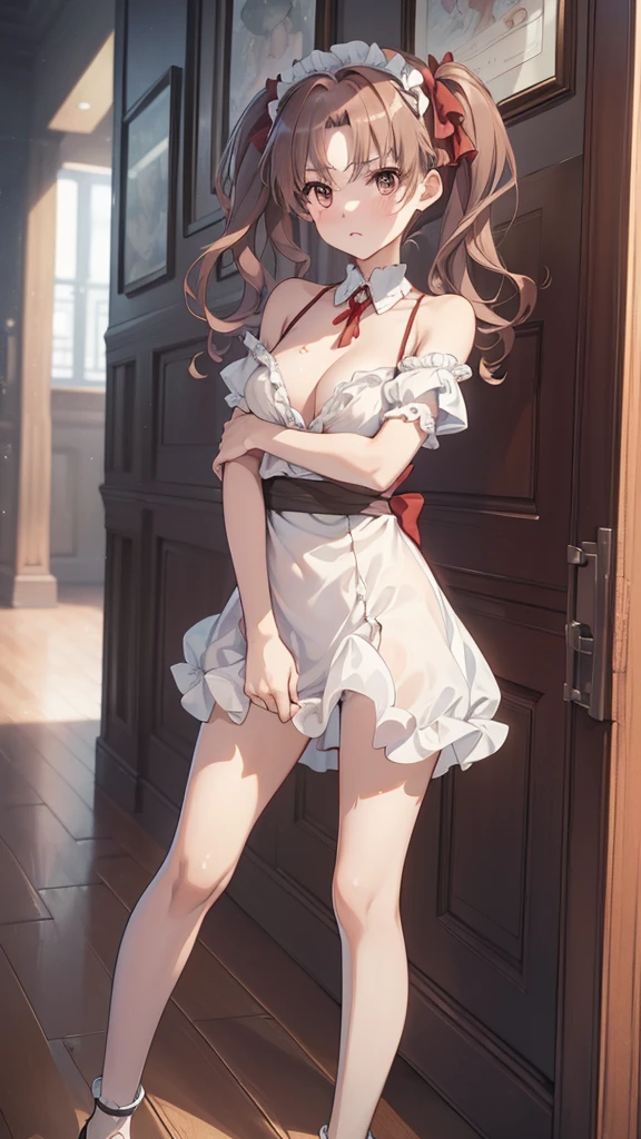 (highest quality, 8K, masterpiece, best image quality,  ultra hd, delicate and smooth skin, real looking skin, perfect and beautiful face ,perfect and cute face, high detail skin, perfect limbs、thin waist、thin legs)、NSFW、grumpy face、twin tails、brown hair、red ribbon、(Maid clothes)、locker room、