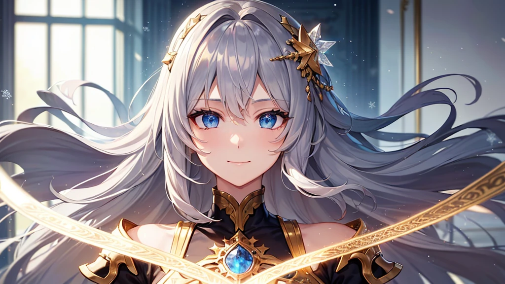 beautiful girl,Gray Hair,Brown thick dress,Long Hair,Gold decoration,girl,Gothic,Platinum color,Snowflake hair ornament,blue eyes,Thick clothes,saint,Iron Armor,star ,starの服の装飾,Beautiful clothes,Character portrait,whole body,Clothes with decoration,Golden Clothing,Highest quality,8k, masterpiece:1.3, Sharp focus:1.2,Anime Style,Gloss,Beautiful woman,Highly detailed face and skin texture,Fine grain,Beautiful eyelids,single,Shadow and light texture,palace,European style,1 person,indoor,White Breath,Weak smile