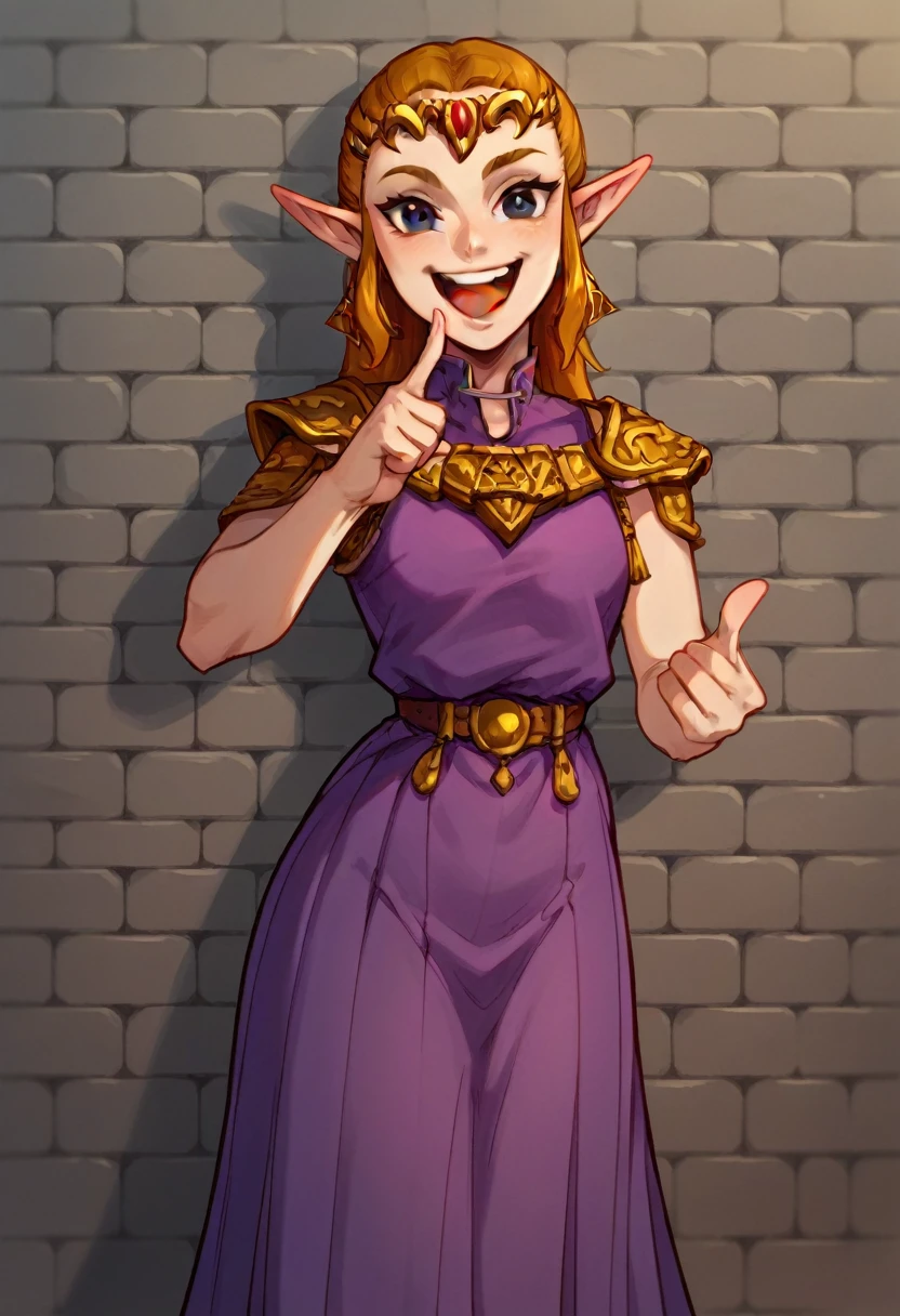 pincess zelda, looking at viewer, laughing, pointing finger, purple dress, grey brick wall