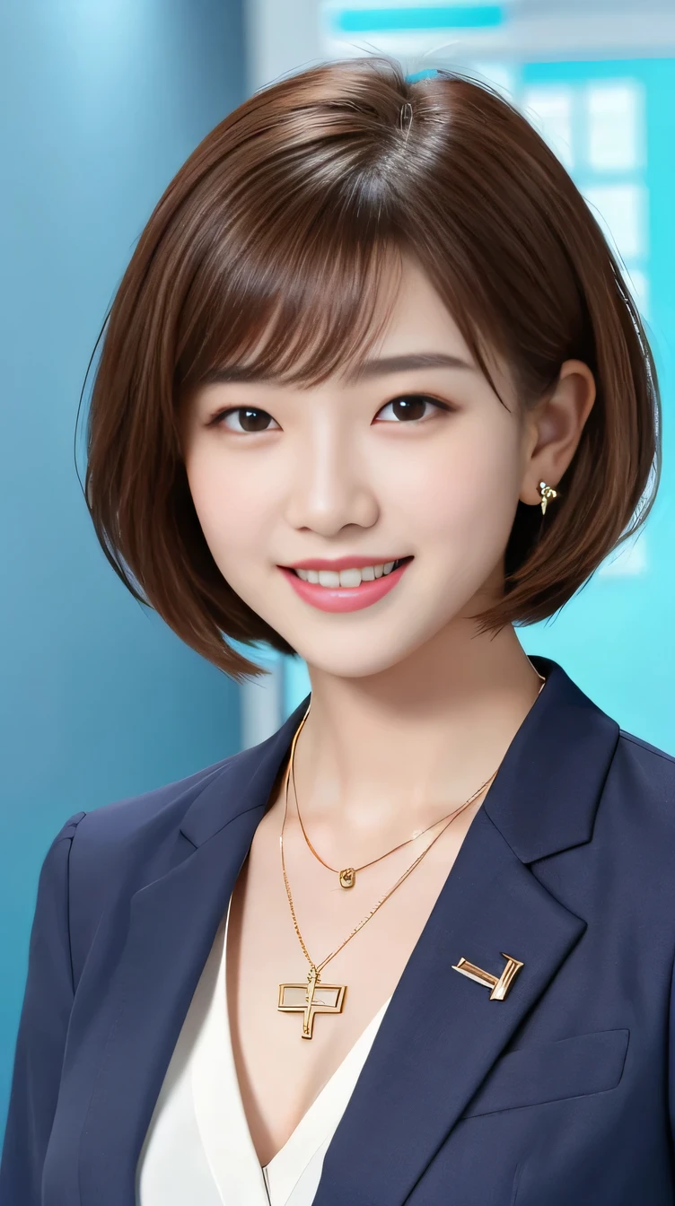Highest quality:1.2), RAW Photos, High resolution, Very detailed, Intricate details, 、ear piercing、、smile、Beautiful teeth alignment、Short Haircut、Brown Hair、Clear beauty,(High quality fabric, Office Lady Suits ）、Necklace around the neck、, The background is the office


