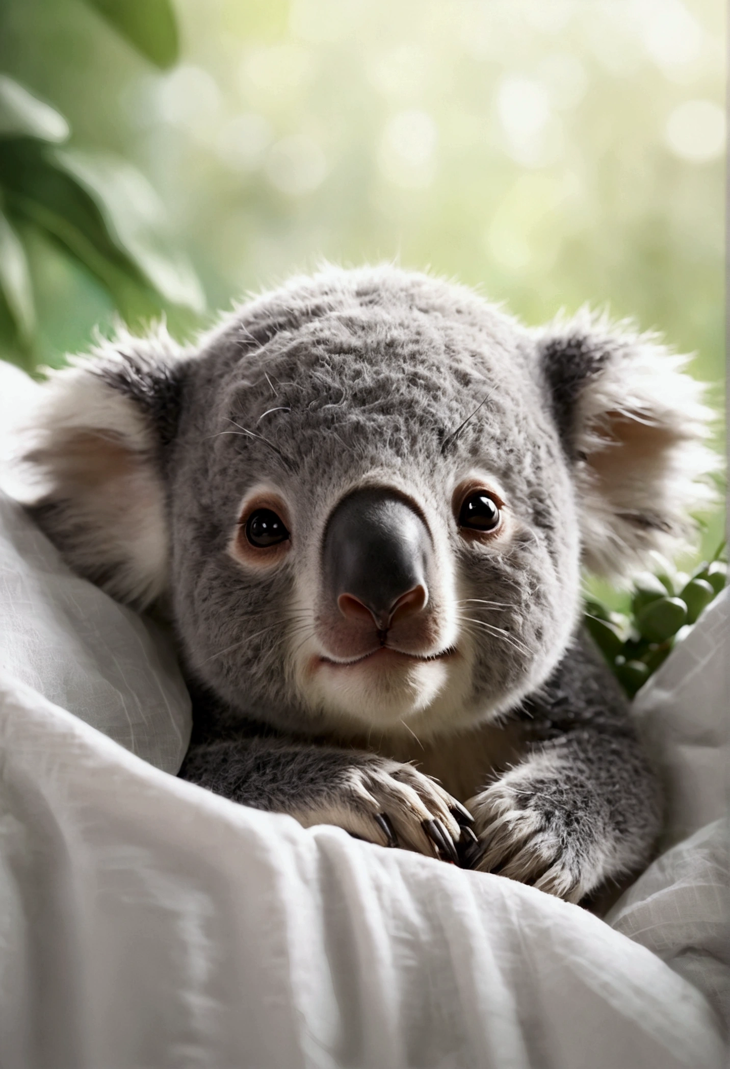 Close your eyes and sleep, ベットでAre sleeping美しいコアラ, Little koala, baby, Volumetric Light, Ultra-realistic, Intricate details, shape, Painting, watercolor, Cute Chibi, ah!, Shallow depth of field, Pastel Color Palette, Soft lighting, Minimum, Modern, Digital Painting, Lois Van Bell、Ross Tran、Art by artgerm, Artstation HQのトレンド, Very detailed,sleep,Are sleeping