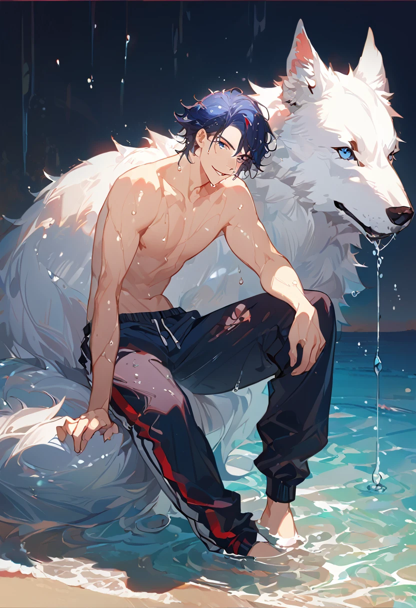 solo, ((male with short dark blue hair with red strip hair and dark blue hair with red gradient), (bare chest), (topless), (muscle), ( jogger pants), (wet), (dripping wet body and hair), (water dripping), (sitting), (one hand rest on the knee), (big white wolf resting on the back)), (bangs), (blue eyes with red gradient), (pale skin), (smirk), ((high quality)), (extremely detailed),8k, 4k, clean line art, detailed line art, resting on the big wolf, white big wolf, simple background, water background, dark background, not bulky, no top clothes, inspired by Asukaziye artist : ask, art style : ask