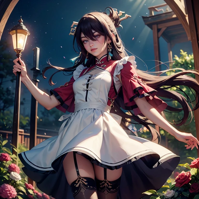 Beidou_(genshin impact), 1girl, centered girl, perfectly body, perfectly hands, solo, jewelry, lavender, ornament hair, brown hair, lon hair, flowing hair, floating hair, ornament hair, perfectly body, perfectly hands, garden scenery, white flower on hair, Looking at the viewer, floating hair, Beautiful Eyes, Plump and glossy lips, maid, maid dress, maid headdress, maid apron, white apron, dress with too many frills, red dress, red laces, red Short skirt, small skirt, skirt with layers, Drape clothes, gold gem, Lace trim, in the garden, luxury gold details, gold jewelry, more details, best quality, Big sparkling eyes, blushing, black Striped Lace Stockings, black ta skirt, sparkle, solo, centered girl, cowboy shot, lace garter, perfectly body, perfectly hands, two arms, two legs, two hands, five fingers, perfect anatomy, glowing hair, red roses, in garden, sparkles, more details on her clothes, dress with transparency, red details on her dress, night
