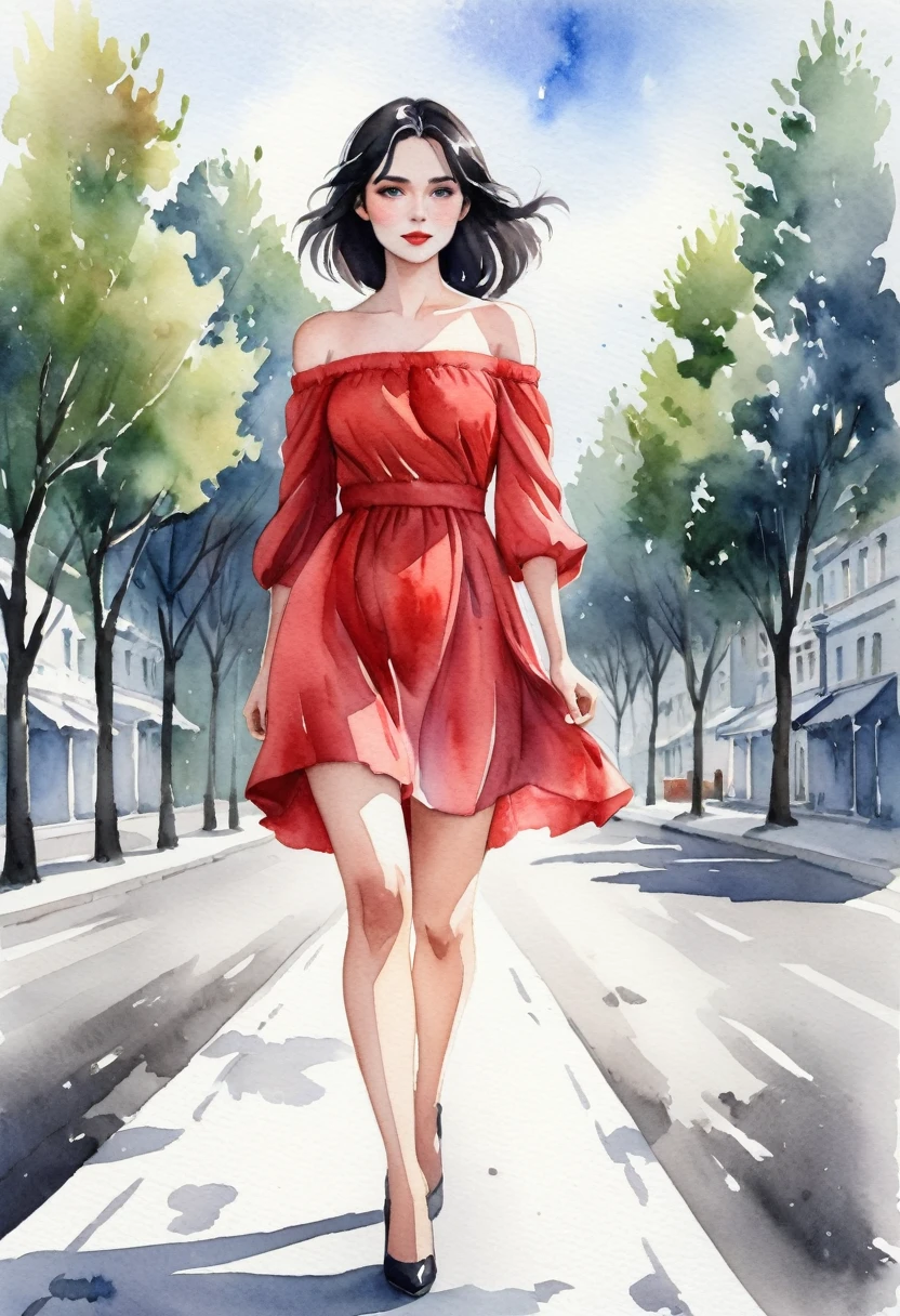 Watercolor illustration of a fair-skinned Russian woman,anime styling, wearing a short red dress with wide shoulders and off-the-shoulder sleeves, walking on a gray asphalt road. Ao fundo, a blurred image of trees or buildings. black hair