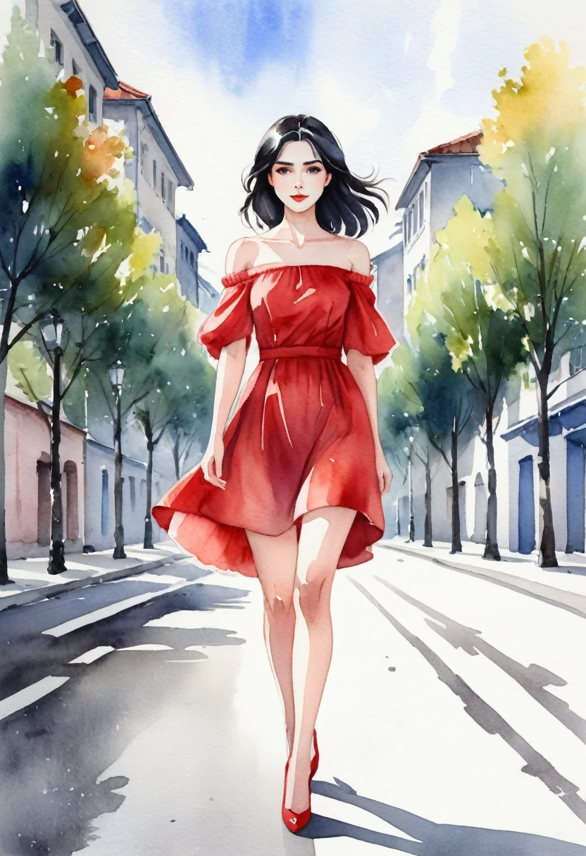 Watercolor illustration of a fair-skinned Russian woman,anime styling, wearing a short red dress with wide shoulders and off-the-shoulder sleeves, walking on a gray asphalt road. Ao fundo, a blurred image of trees or buildings. black hair