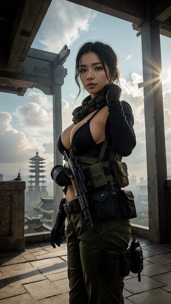 (masterpiece, best quality:1.2), mara (call of duty), 1girl, solo, black hair, gloves, scarf, tattoo, military, breasts, holster, pants, load bearing vest, umbrella, cloud, sky, sunlight, light rays, architecture, outdoors, sunbeam, cloudy sky, east asian architecture, day, blurry, scenery, indian
