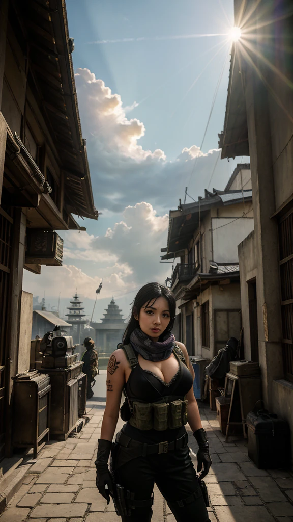 (masterpiece, best quality:1.2), mara (call of duty), 1girl, solo, black hair, gloves, scarf, tattoo, military, breasts, holster, pants, load bearing vest, umbrella, cloud, sky, sunlight, light rays, architecture, outdoors, sunbeam, cloudy sky, east asian architecture, day, blurry, scenery, indian
