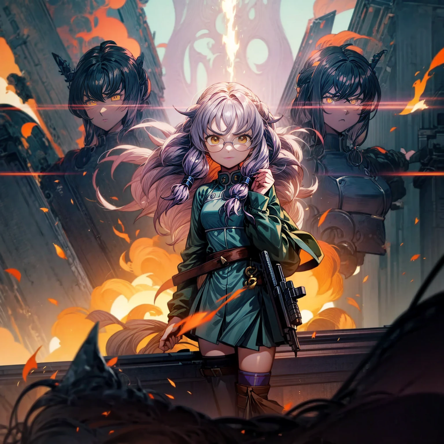 1tall girl, 1character, gold eyes, long Curly haircut, lavender color hair, army style clothing, white glasses, Long socks, boots army, Grassroots, background in top of the building, motion blur, (dragon ball style art), Big robot gun in hand, smoke effect, aura effect, Fire, lighting fire, plasma effect, fire city, (half body view version, angry , standing gesture)