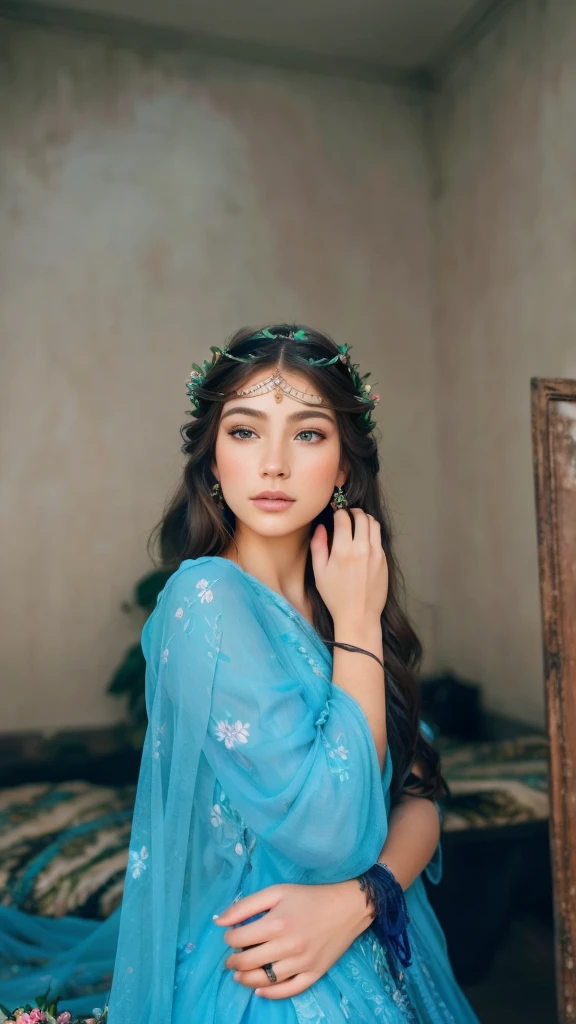 A beautiful girl with long flowing hair, detailed intricate floral crown, delicate features, piercing eyes, lush garden backdrop, vibrant colorful flowers, natural lighting, detailed skin, soft focus, dreamy atmosphere, elegant pose, serene expression, photorealistic, high quality, 8k, masterpiece, cinematic, fantasy art
