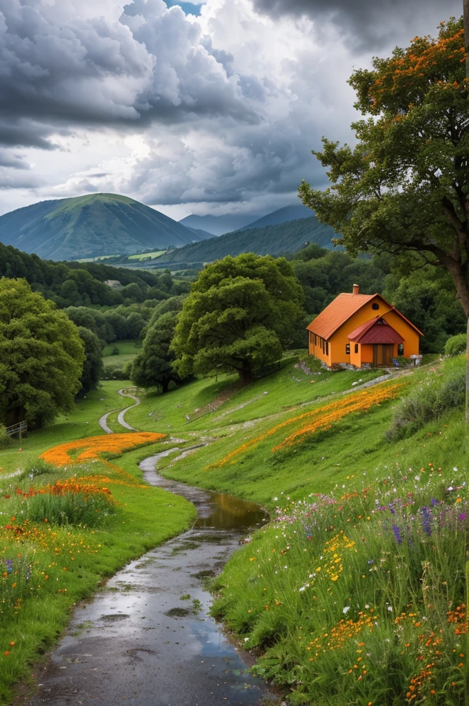 Create a landscape of a serene countryside scene during a gentle summer rain. A cozy cottage with a red roof is nestled near a large, lush green tree. The sky is filled with dramatic, billowing clouds in vibrant shades of orange and yellow, illuminated by sunlight breaking through, creating a striking contrast with the dark blue rain clouds. A narrow, winding path leads to the cottage, bordered by wildflowers in bright red and orange hues, and rich green grass. Small puddles form from the rain along the path The over all atmosphere is peaceful and picturesque, with a harmonious blend of nature and tranquility, depicted in highly saturated colors to enhance the vividness and charm of the landscape