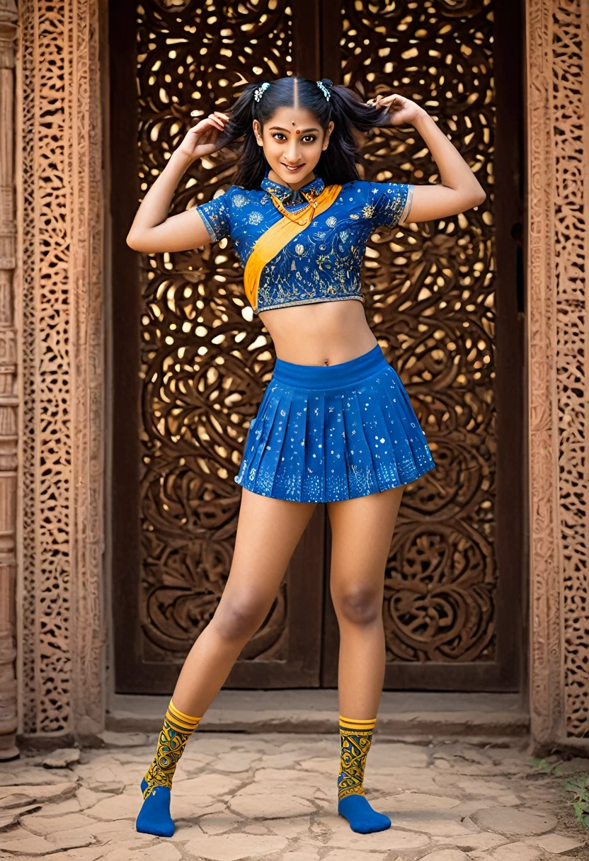 An unexpected yet harmonious blend of divine and contemporary elements, featuring an Indian goddess and her god brother dressed in modern school attire. The goddess, with her skin glowing like molten gold and eyes as deep as the cosmos, dons a crop top that exposes her toned midriff adorned with an intricate tapestry of celestial symbols. Her attire is completed by a mini skirt that flutters with the grace of a lotus petal in the wind, revealing thigh-high socks that seem to hold the power of the universe within their patterns. Her long, flowing hair is tied in twin buns atop her head, each adorned with a vibrant flower that matches the blooming bouquet around her waist. Her brother, a youthful deity, is no less striking in his  of shorts and a short-sleeve shirt. His shirt is unbuttoned at the collar, offering a glimpse of the sacred thread that lies underneath, a testament to their divine lineage. He wears knee-length socks that climb up his legs, each step he takes leaving a trail of light. Despite their celestial origins, the siblings exude a playful air, their expressions a mix of excitement and mischief as they stride confidently towards the gates of a mortal school. Their bond is palpable in the way they lean into each other, their fingers brushing together in a gesture of unity and support. As they arrive, their fellow students stop in awe, recognizing the unmistakable aura of divinity that surrounds them, yet the siblings remain unfazed, eager to embark on this new chapter of their immortal lives. This image captures not only their sibling bond but also the timeless charm of mythological figures adapting to the ever-evolving human world, bringing a touch of the sacred to the mundane and showcasing the beauty of unity amidst diversity.