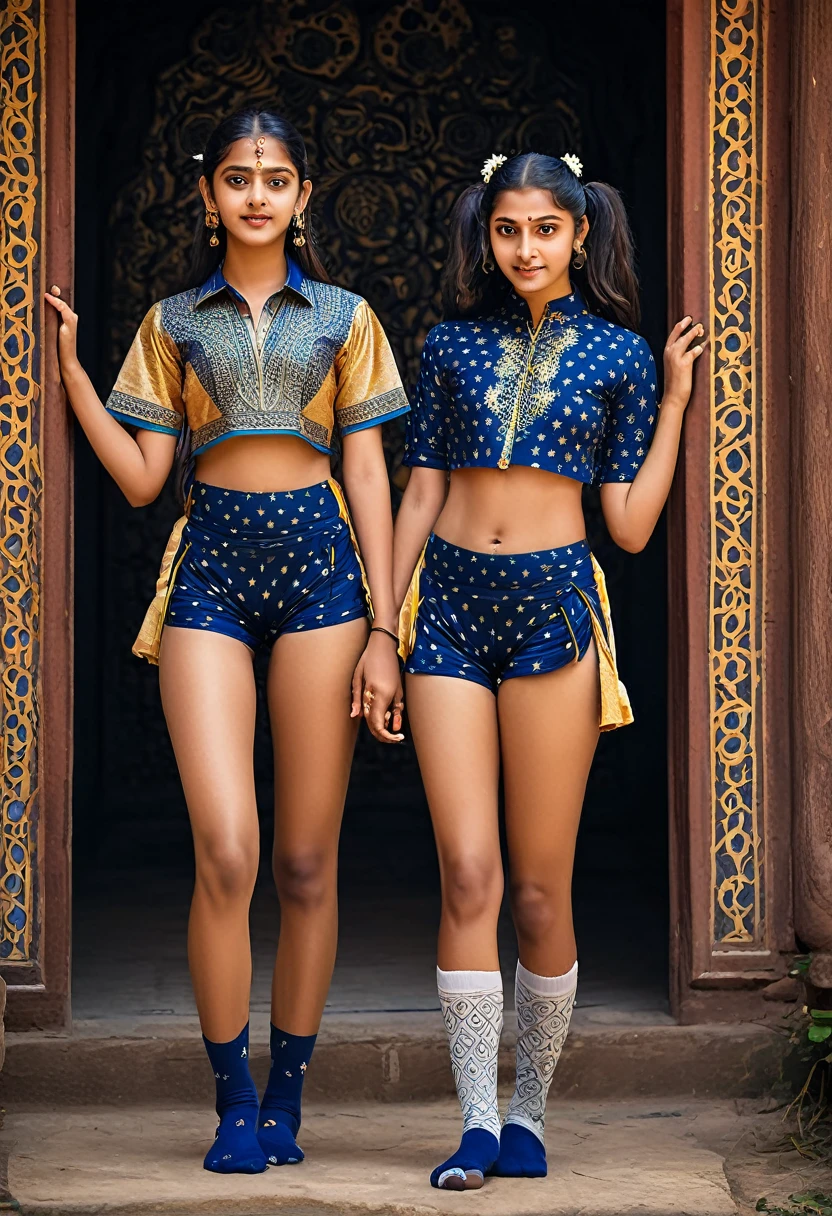 An unexpected yet harmonious blend of divine and contemporary elements, featuring an Indian goddess and her god brother dressed in modern school attire. The goddess, with her skin glowing like molten gold and eyes as deep as the cosmos, dons a crop top that exposes her toned midriff adorned with an intricate tapestry of celestial symbols. Her attire is completed by a mini skirt that flutters with the grace of a lotus petal in the wind, revealing thigh-high socks that seem to hold the power of the universe within their patterns. Her long, flowing hair is tied in twin buns atop her head, each adorned with a vibrant flower that matches the blooming bouquet around her waist. Her brother, a youthful deity, is no less striking in his of shorts and a short-sleeve shirt. His shirt is unbuttoned at the collar, offering a glimpse of the sacred thread that lies underneath, a testament to their divine lineage. He wears knee-length socks that climb up his legs, each step he takes leaving a trail of light. Despite their celestial origins, the siblings exude a playful air, their expressions a mix of excitement and mischief as they stride confidently towards the gates of a mortal school. Their bond is palpable in the way they lean into each other, their fingers brushing together in a gesture of unity and support. As they arrive, their fellow students stop in awe, recognizing the unmistakable aura of divinity that surrounds them, yet the siblings remain unfazed, eager to embark on this new chapter of their immortal lives. This image captures not only their sibling bond but also the timeless charm of mythological figures adapting to the ever-evolving human world, bringing a touch of the sacred to the mundane and showcasing the beauty of unity amidst diversity.