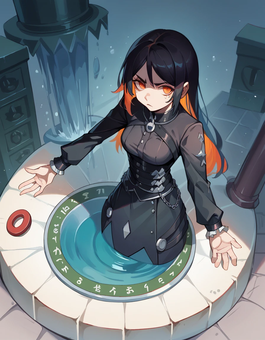 punctuation_9, punctuation_8_High above, punctuation_7_High above, fountain_アニメ, best qualityer, cleary see face, us, hair orange, orange eyes, long hair, breasts big, perfectbody, looking ahead at viewer, ssmile, gothic clothes, hinterland, standing, dynamic angle
