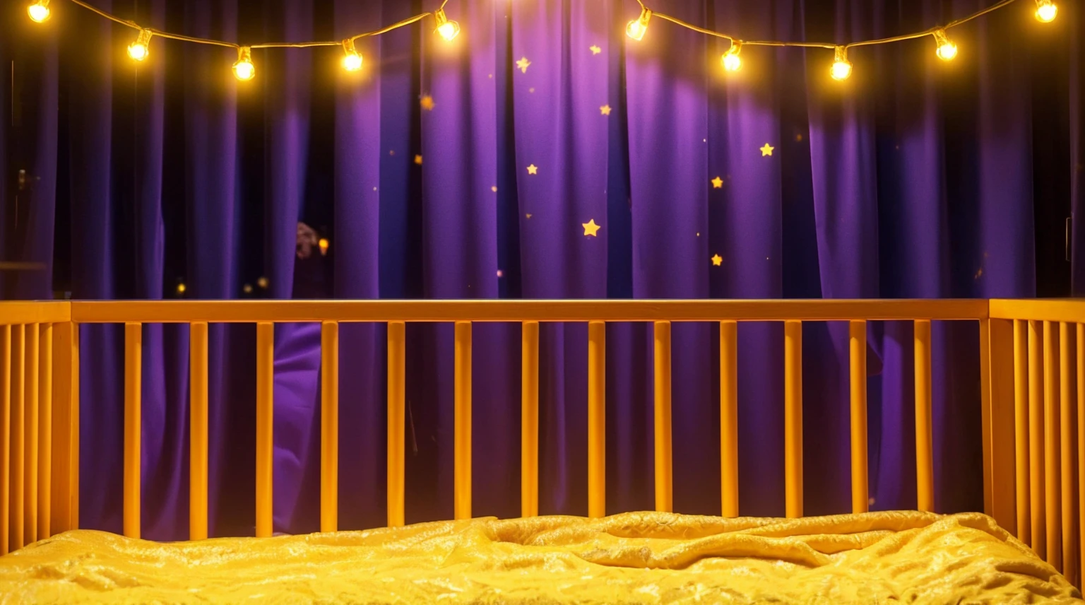 This image portrays a cozy and whimsical scene within a child's crib. The crib, with its warm orange and yellow wooden bars, stands against a vibrant backdrop of deep purple curtains adorned with stars. Strung across the top are charming yellow fairy lights, adding a magical and soothing ambiance. The crib bedding is a plush golden blanket, inviting and soft, suggesting a comfortable and secure resting place for a . This setting exudes a sense of warmth and safety, ideal for a child's imaginative and peaceful slumber. аffects render, (glossy plastic texture with multiple big light probe refractions), perfect cgi, smooth silhouette, high intensity refraction, (super glossy plastic material), most beautiful vfx, , realistic, 4k, high resolution, rim light, smooth 3d model, multiple light sources, rim light, sharp post effects render,, realistic, 4k, high resolution, rim light detailed digital art, reflective, best quality, 4k, masterpiece:1.2, ultra-detailed, realistic, vivid colors, The image of the highest quality, ensuring every detail showcased perfectly. It in 4k resolution, allowing viewers to immerse themselves in the richness of the colors and intricate details. The realistic rendering. under the spotlight, reflecting, high-resolution image, realistic rendering