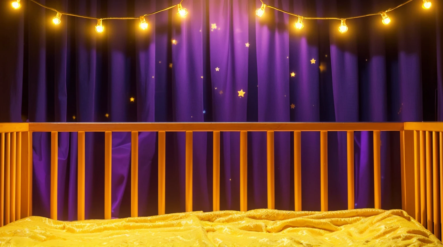 This image portrays a cozy and whimsical scene within a child's crib. The crib, with its warm orange and yellow wooden bars, stands against a vibrant backdrop of deep purple curtains adorned with stars. Strung across the top are charming yellow fairy lights, adding a magical and soothing ambiance. The crib bedding is a plush golden blanket, inviting and soft, suggesting a comfortable and secure resting place for a . This setting exudes a sense of warmth and safety, ideal for a child's imaginative and peaceful slumber. аffects render, (glossy plastic texture with multiple big light probe refractions), perfect cgi, smooth silhouette, high intensity refraction, (super glossy plastic material), most beautiful vfx, , realistic, 4k, high resolution, rim light, smooth 3d model, multiple light sources, rim light, sharp post effects render,, realistic, 4k, high resolution, rim light detailed digital art, reflective, best quality, 4k, masterpiece:1.2, ultra-detailed, realistic, vivid colors, The image of the highest quality, ensuring every detail showcased perfectly. It in 4k resolution, allowing viewers to immerse themselves in the richness of the colors and intricate details. The realistic rendering. under the spotlight, reflecting, high-resolution image, realistic rendering