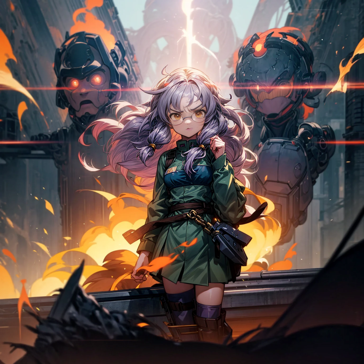 1tall girl, 1character, gold eyes, long Curly haircut, lavender color hair, army style clothing, white glasses, Long socks, boots army, Grassroots, background in top of the building, motion blur, (dragon ball style art), Big robot gun in hand, smoke effect, aura effect, Fire, lighting fire, plasma effect, fire city, (half body view version, angry , standing gesture)