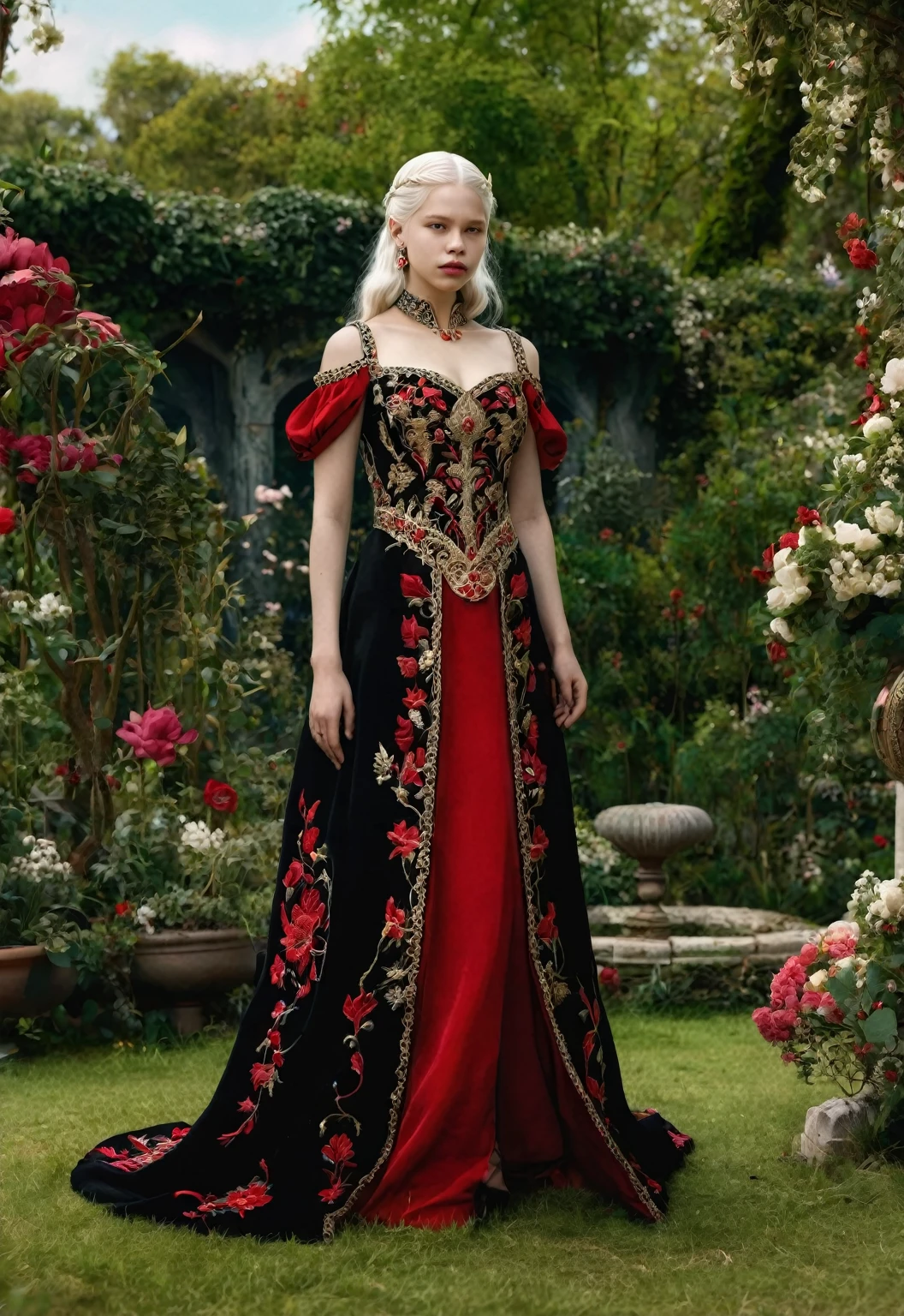 fantasy, Princess Targaryen, full-length, in the garden, a girl with white hair, in a red and black dress embroidered with gold threads of rubies and diamonds, with open shoulders, a face similar to Mia Goth, hd