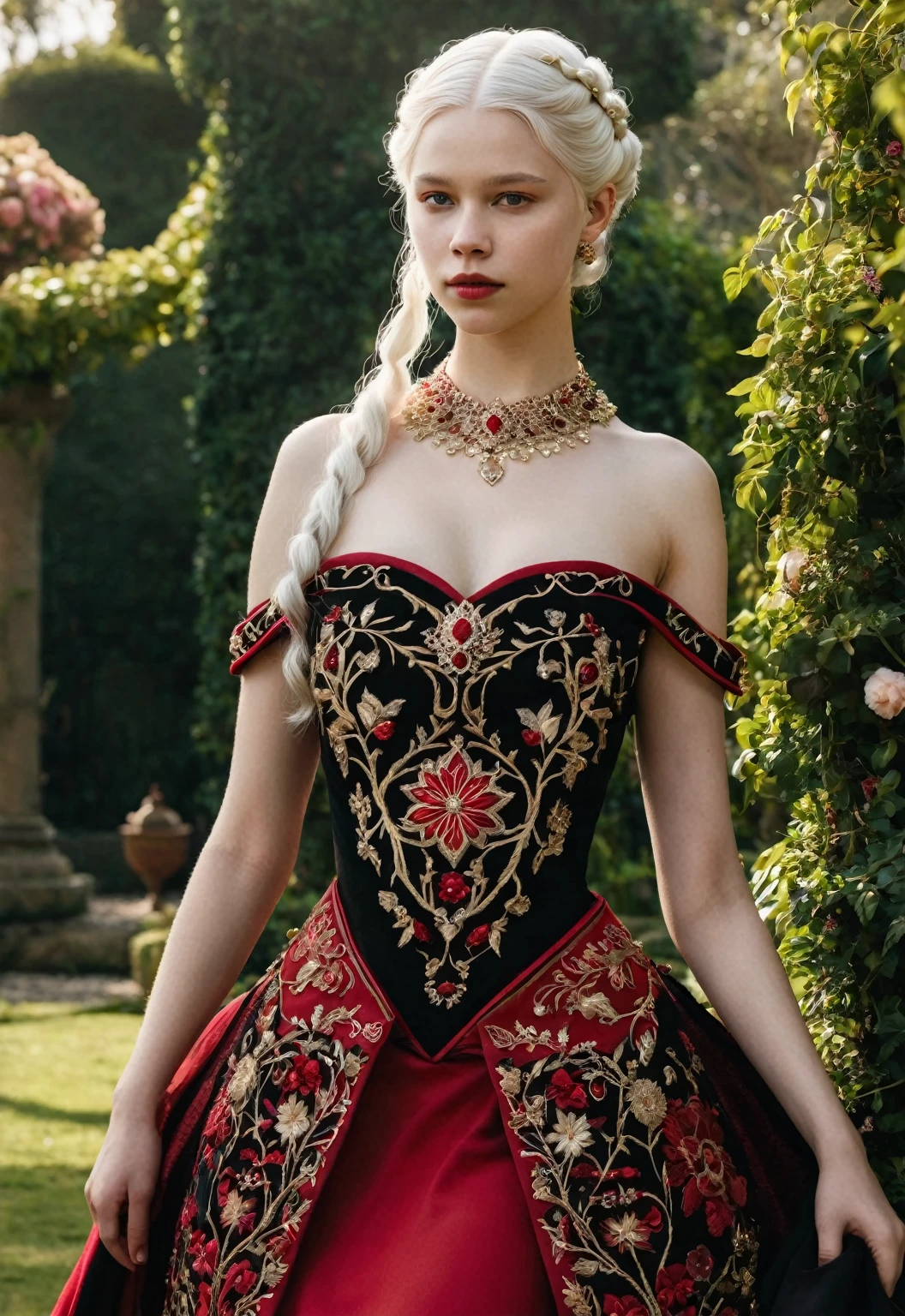 fantasy, Princess Targaryen, full-length, in the garden, a girl with white hair, in a red and black dress embroidered with gold threads of rubies and diamonds, with open shoulders, a face similar to Mia Goth, hd