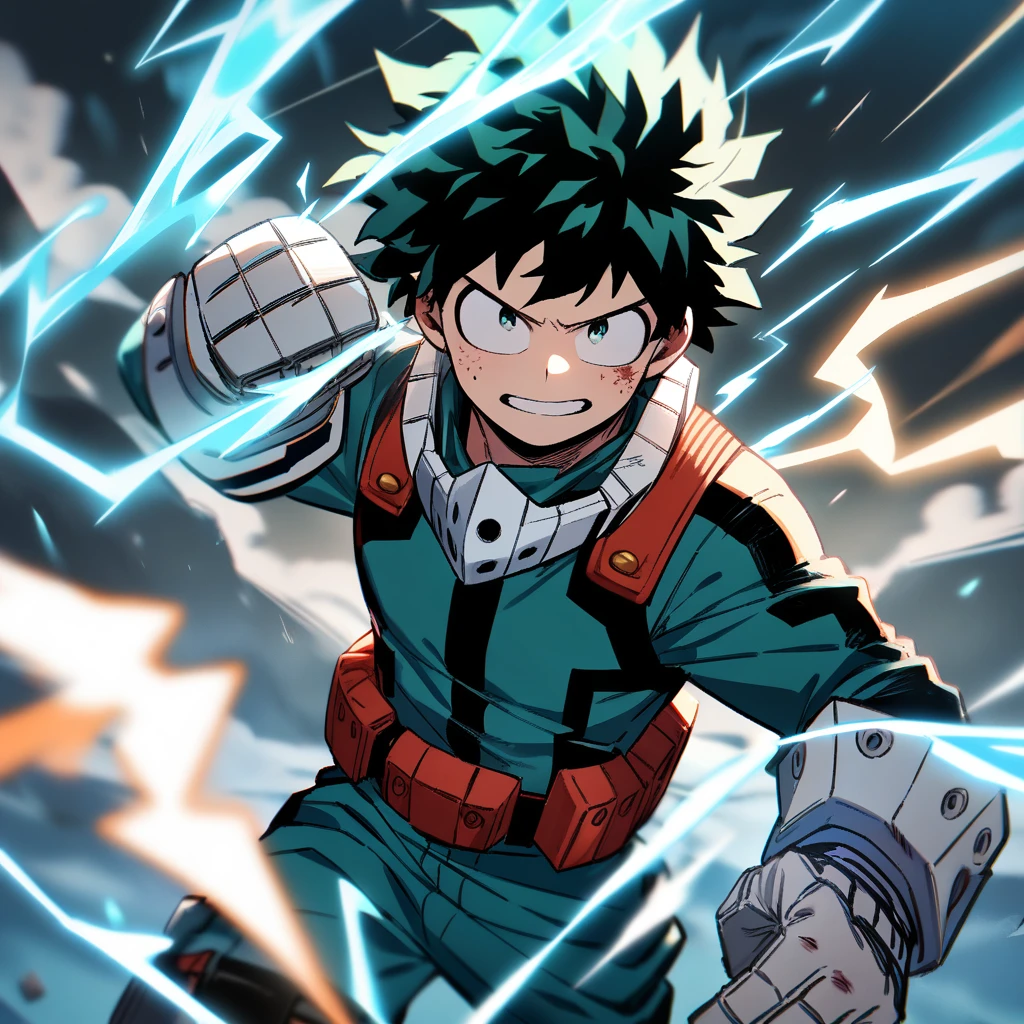 1boy, male focus, midoriya izuku, boku no hero academia, injury, electricity,, masterpiece, best quality, very aesthetic, absurdres