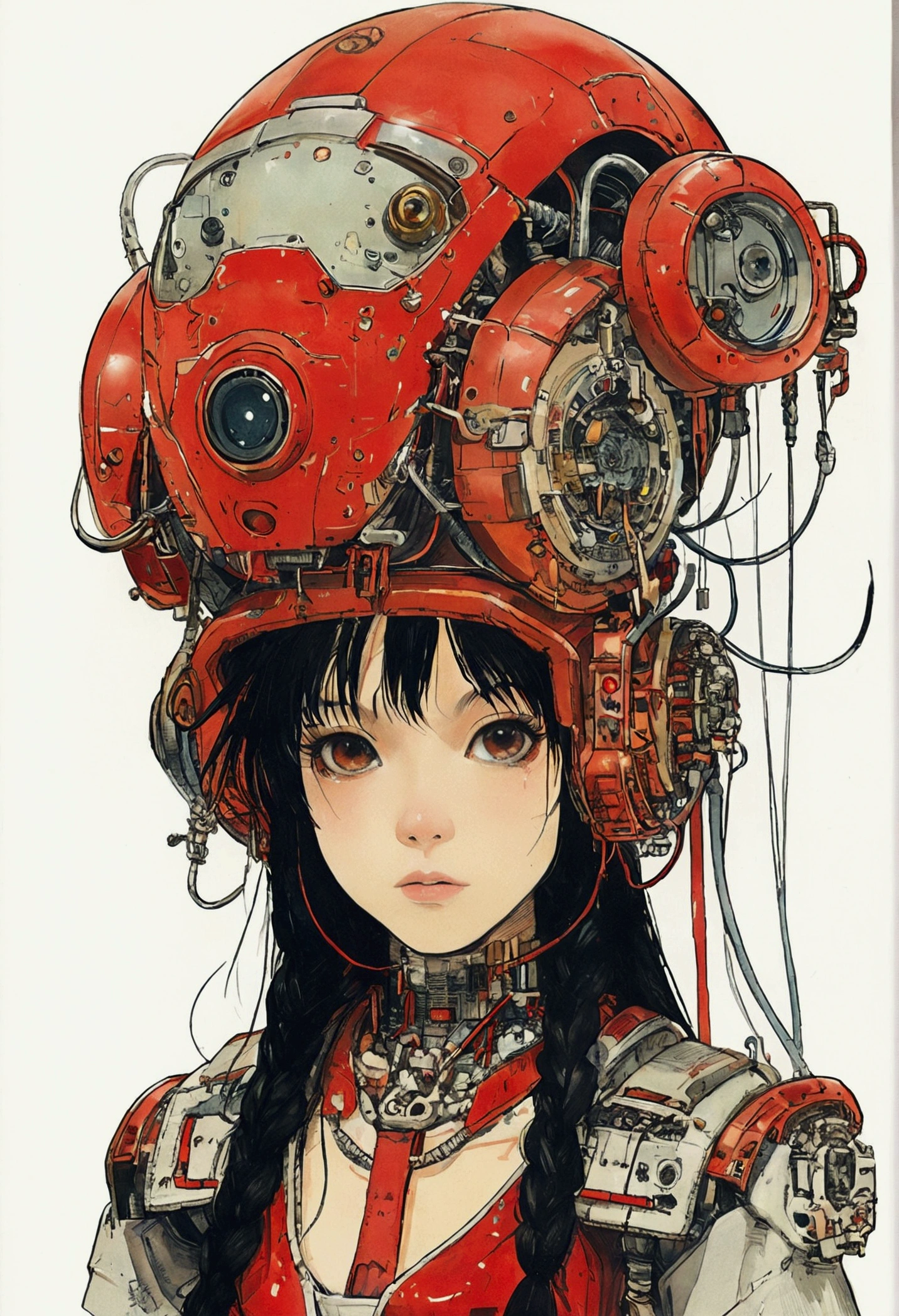 The Style of Kawanabe Kyosai、Female character design wearing a red cybernetic exoskeleton、Black Hair、Concept Design Sheet、White background