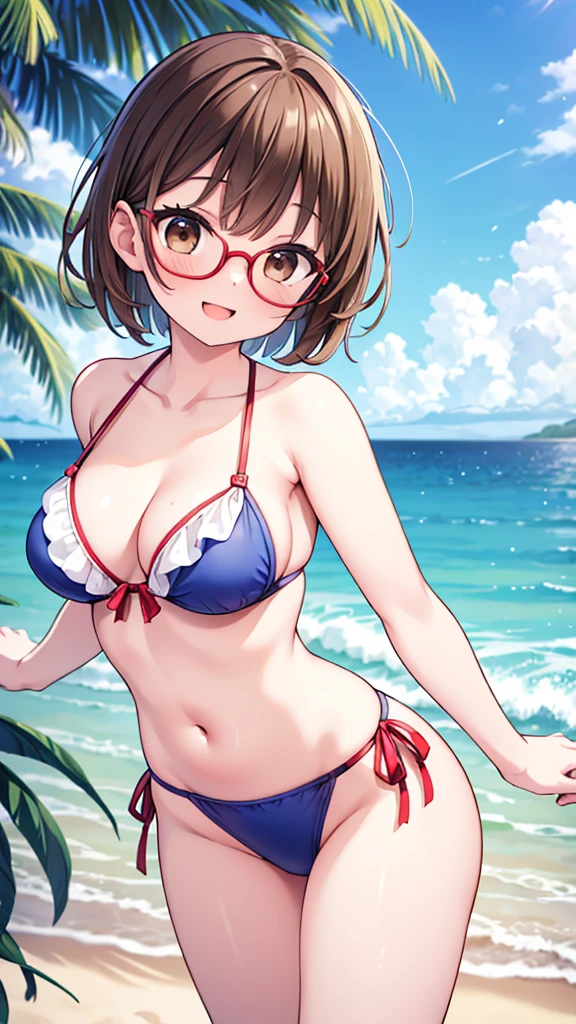 Comical pose、Get excited、fine、fun、smile、mischief、Expectations、surprise、Shyness、Sandy Beach、Midsummer、sun、Ocean、blue sky、Daytime、pretty girl , Shooting from below, One Girl, Brown Hair、Very short hairstyle, Brown eyes、Red frame glasses、White Bikini,Highest quality, 4K, 8k, High resolution, masterpiece:1.2, Very detailed, Realistic, photoRealistic, photo-Realistic:1.37, High resolution, 超High resolution, Studio Lighting, Ultra-fine painting, Sharp focus, Physically Based Rendering, Very detailed explanation, Professional, Vibrant colors, bokeh