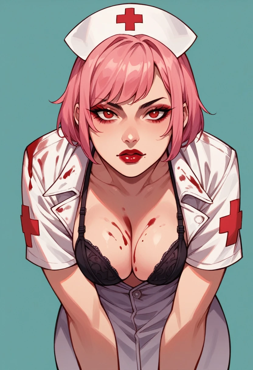 1girl, solo, makeup, red lipstick, pink hair, red eyes, bob haircut, pink nurse suit, blood on clothes, front view, , black bra, bent over