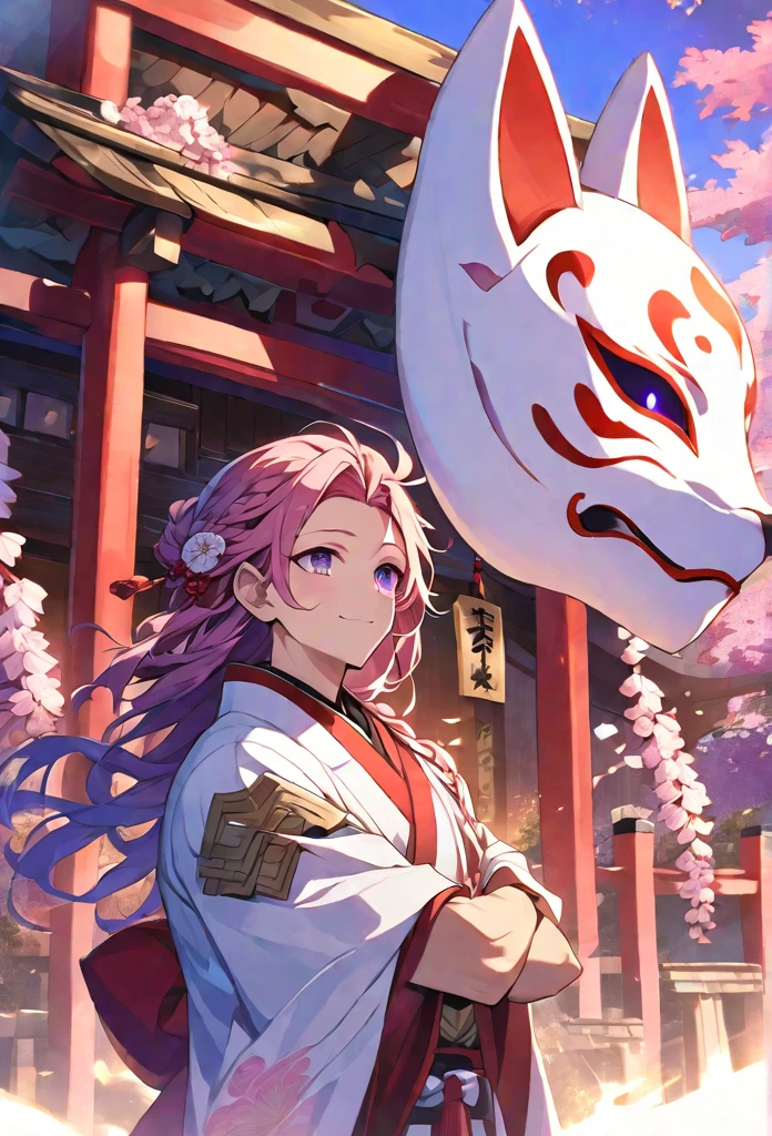 alone, 1 male, long-haired pink color, Tied at the shoulder、Braided hair ornament、Purple Eyes, White kimono, Fox Mask, Smile Facial, Red Higanbana, Higanbana, Red tassel hair accessory、Evening shrine
