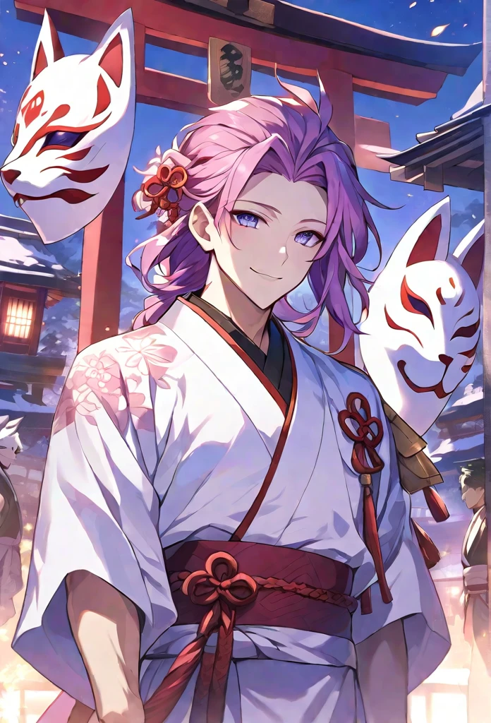 alone, 1 male, long-haired pink color, Tied at the shoulder、Braided hair ornament、Purple Eyes, White kimono, Fox Mask, Smile Facial, Red Higanbana, Higanbana, Red tassel hair accessory、Evening shrine