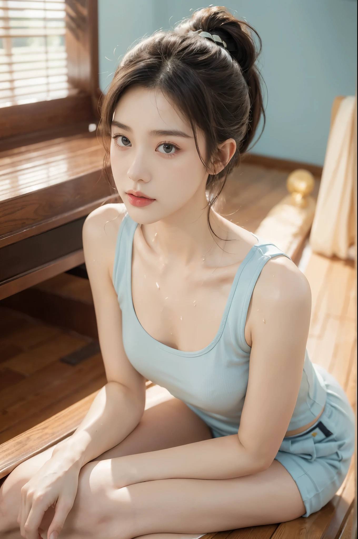 (((best quality))),(((ultra detailed))),(((masterpiece))),illustration,(1 beautiful girl,solo),((slim,thin)),((small breasts,flat chest)),(blush:1.5),summer afternoon,living room,sanctuary of tranquility,fitness,grace,(short ponytail:1.2),effortless elegance,((light blue yoga tank top,matching shorts)),youthful radiance,enchanting,inspiring,(sitting on treadmill:1.3),body drenched in perspiration,(sweat:1.5),dedication,inner strength,determination,composed,focused,eyes,lush potted plant,greenery,life,vitality,soft sunlight,warm patches of light,wooden floor,fragrant cookies,cozy ambiance,attire,functional,fashionable,comfort,flexibility,slender figure,curves,lightweight material,unrestricted movement,sneakers,feet,grip,treadmill's belt,propel,forward,serene expression,slight smile,lips,focused on horizon,visualizing goals,dreams,radiant beauty, comfortable clothing,determined spirit,captivating,inspiring image,essence of summertime fitness,self-care,((from front,upper body))
