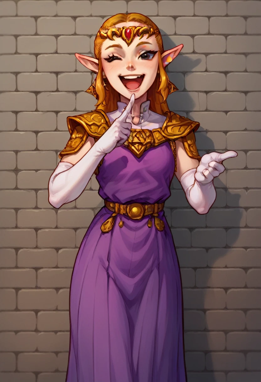 pincess zelda, looking at viewer, laughing, pointing finger, purple dress, grey brick wall, white long gloves