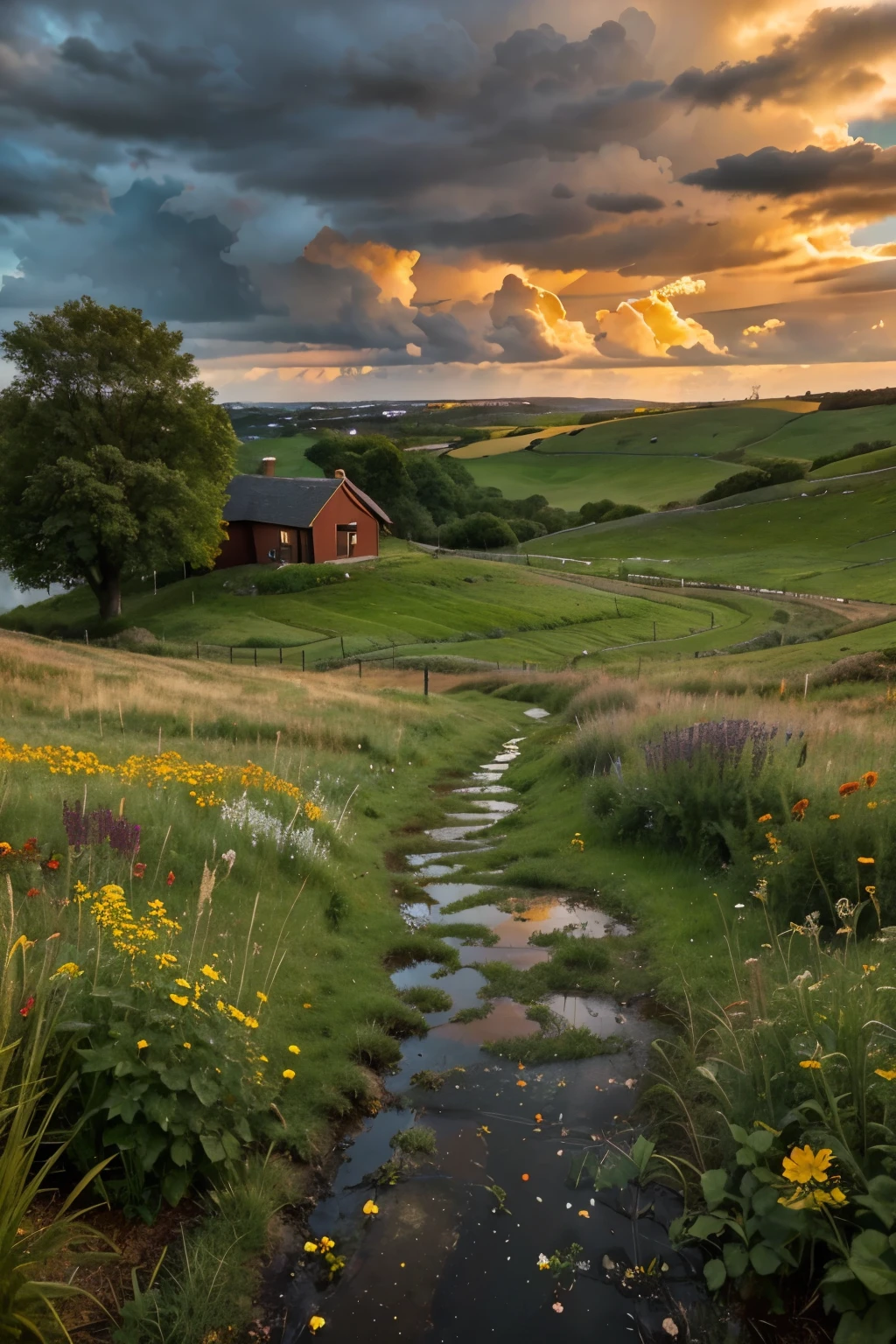 Create a landscape of a serene countryside scene during a gentle summer rain. A cozy cottage with a red roof is nestled near a large, lush green tree. The sky is filled with dramatic, billowing clouds in vibrant shades of orange and yellow, illuminated by sunlight breaking through, creating a striking contrast with the dark blue rain clouds. A narrow, winding path leads to the cottage, bordered by wildflowers in bright red and orange hues, and rich green grass. Small puddles form from the rain along the path The over all atmosphere is peaceful and picturesque, with a harmonious blend of nature and tranquility, depicted in highly saturated colors to enhance the vividness and charm of the landscape