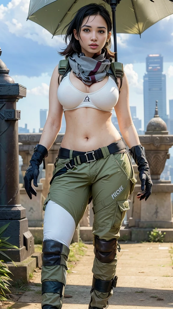 (masterpiece, best quality:1.2), mara (call of duty), 1girl, solo, black hair, gloves, scarf, tattoo, military, breasts, holster, pants, load bearing vest, umbrella, cloud, sky, sunlight, light rays, architecture, outdoors, sunbeam, cloudy sky, east asian architecture, day, blurry, scenery, indian
