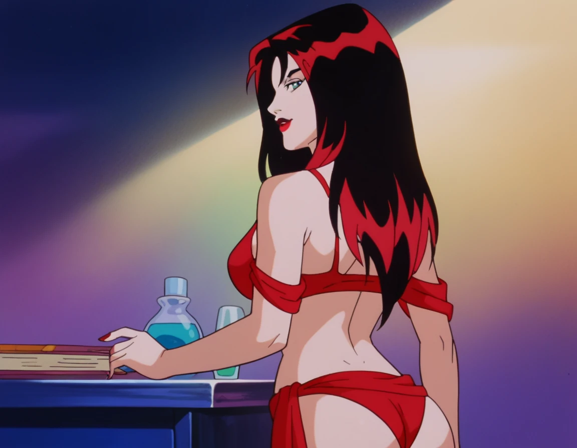 score_9, score_8_up, score_7_up, Thornhex, black hair, red highlights , SD90style, retro artstyle, source_cartoon, red nails, blue eyes, red lips, long hair, looking at viewer, breasts, lipstick, makeup, red bikini, ass, from behind, seductive