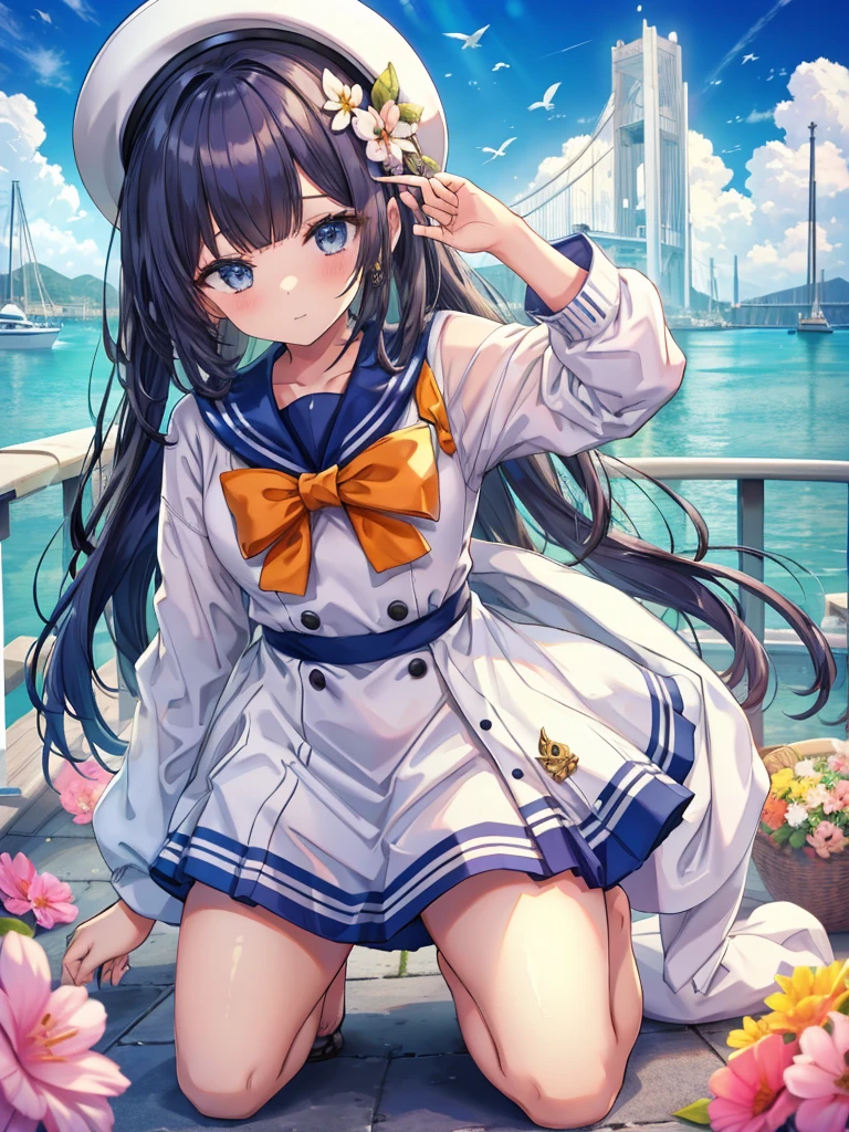A beautiful girl in a sailor suit kneeling down and saying something wrong