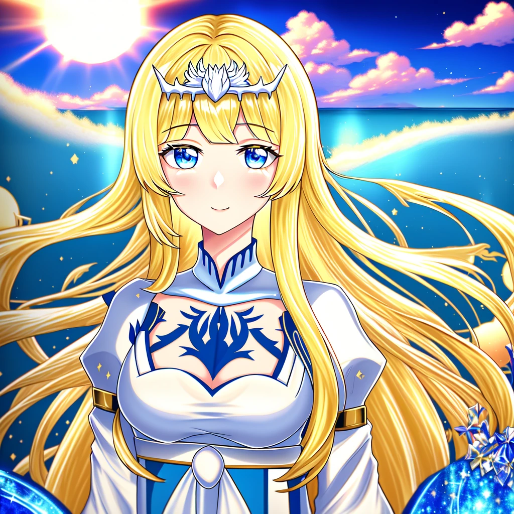 Genshin Impact stlye,    detailed,  The sun cast a warm glow over her,  soft waves that danced in the wind. A serene, ,  1girl,solo, calca, blonde hair, ,( extremely long hair:1.2), very long hair, extra long hair, white tiara, white dress, blue eyes,Calca Bessarez, medium breast,Calca,