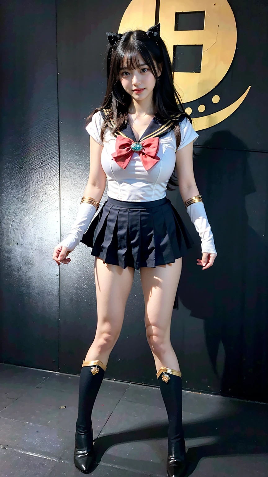 (8k、RAW Photos、Highest quality、masterpiece:1.2)、(Realistic、Realistic)、1 Girl、((Sailor Moon Costume:1.2、Thin legs、whole body、View from the front、smile、Looking into the camera、Hold your skirt with both hands and show me your black panties))、cute