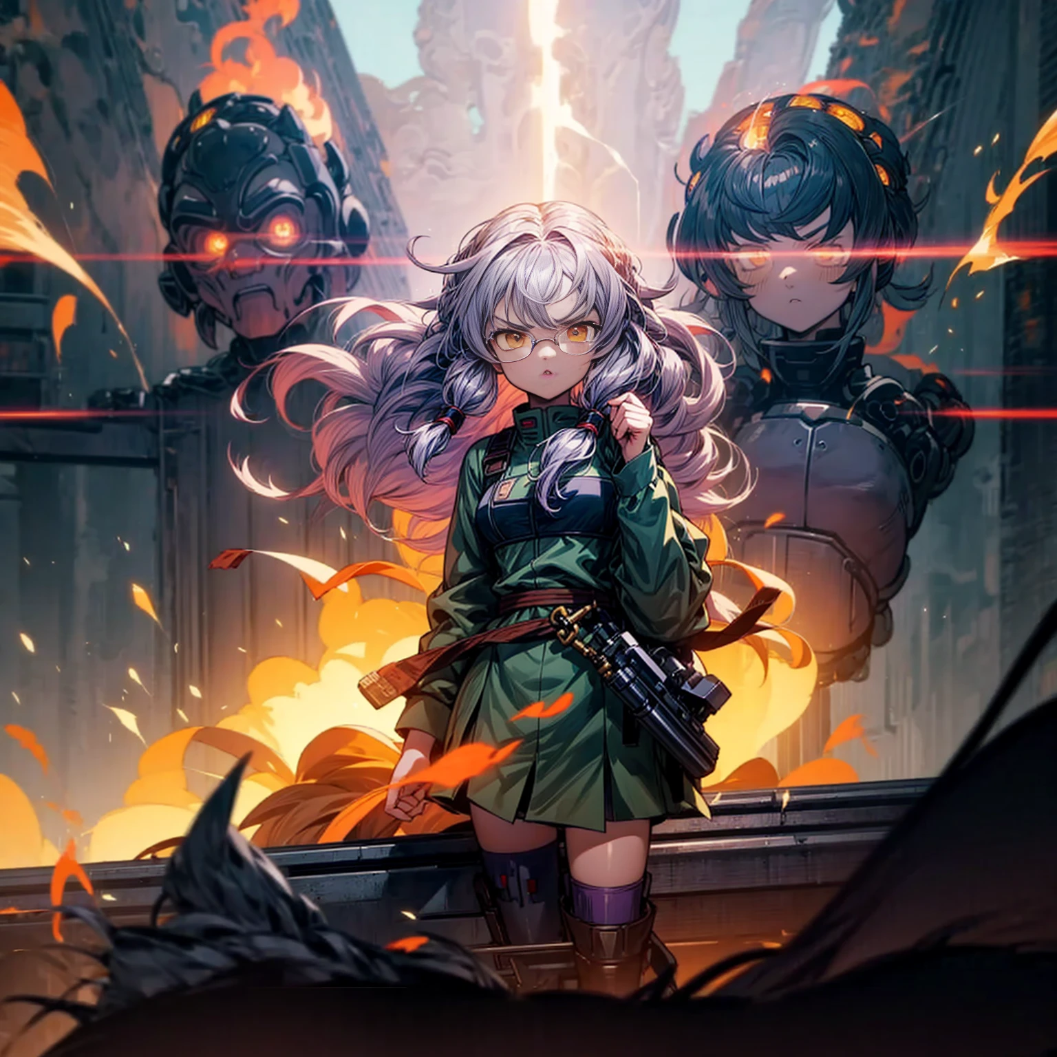 1tall girl, 1character, gold eyes, long Curly haircut, lavender color hair, army style clothing, white glasses, Long socks, boots army, Grassroots, background in top of the building, motion blur, (dragon ball style art), Big robot gun in hand, smoke effect, aura effect, Fire, lighting fire, plasma effect, fire city, (half body view version, angry , standing gesture)