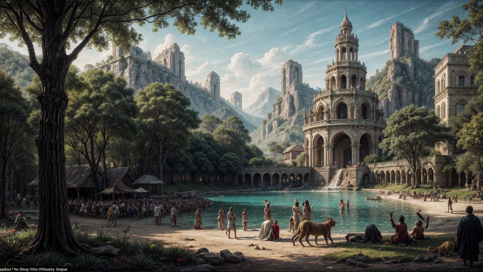 Left wing: The Garden of Eden On the left wing you can see an idyllic representation of the Garden of Eden. It presents a paradisiacal landscape with clear waters, colorful flowers and exotic animals. Adam and Eve are depicted amidst this lush environment. They seem to move innocently and harmoniously.
Middle board: The World of Pleasures The central panel is the heart of the painting and depicts a world full of surreal fantasy. Here you can see numerous people surrounded by exotic creatures. Erotic elements, bizarre creatures and fantastic structures fill the scene. In the middle there is a huge fruit tree, who is surrounded by naked people. The sexual symbolism is obvious, and there are many interpretations as to the meaning of these depictions.
Right wing: Hell The right wing presents an apocalyptic vision of hell. Here are various torture instruments, to see demonic creatures and corrupted souls, who are punished. The detailed scenes reinforce the dark character of this depiction. The fire and despair of hell contrast starkly with the beauty of the Garden of Eden on the left.