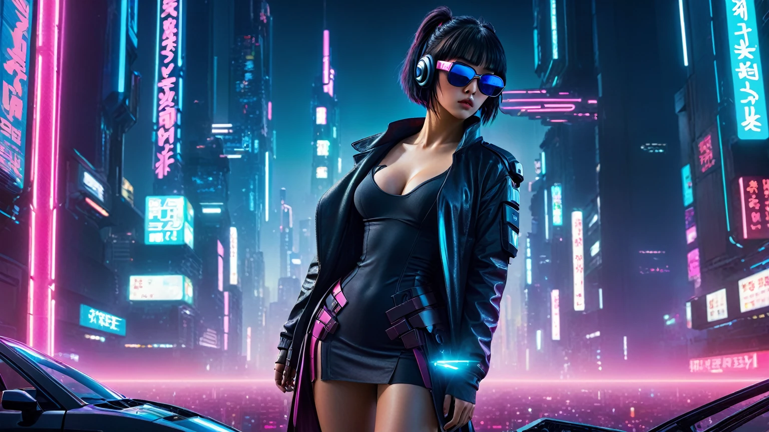 aerial view, dark night, A vast cyberpunk landscape set in Korea with ((flying cars)) and neon lights, in shades of pink, blue and red, (Matrix style cascading code), in the style of Blade Runner and Ghost In The Shell. (((((1girl, solo, alone))))), large-breast:1.2 slim body, cleavage:1.1, sexy miniskirt, ((((headphone, black sunglasses, standing and holding pistol pose)))), (((half-body thigh level medium shot))), cinematic lighting, lens flare, ray tracing.