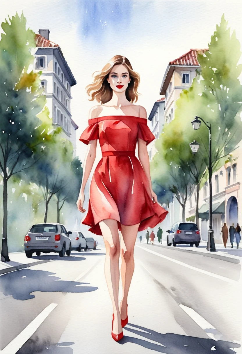 Watercolor illustration of a fair-skinned woman,style cartoon, wearing a short red dress with wide shoulders and off-the-shoulder sleeves, walking on a gray asphalt road. Ao fundo, a blurred image of trees or buildings.