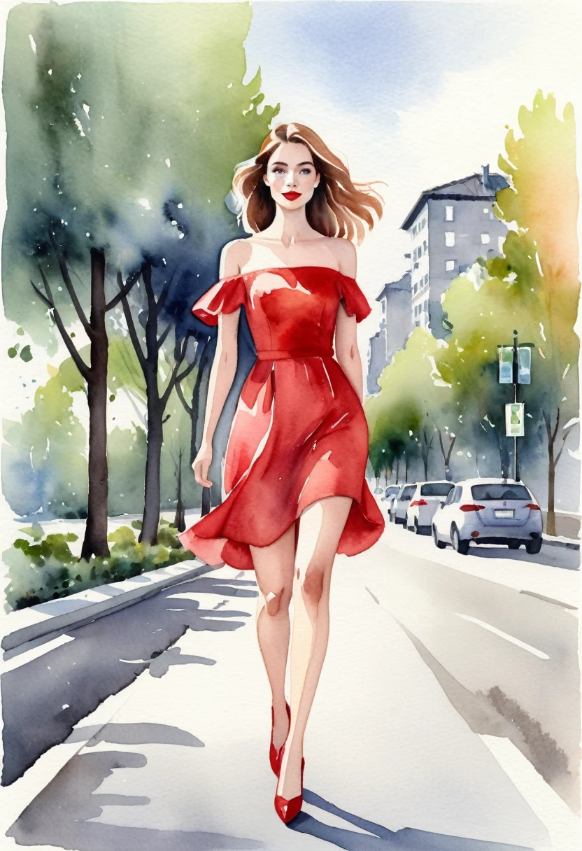 Watercolor illustration of a fair-skinned woman,style cartoon, wearing a short red dress with wide shoulders and off-the-shoulder sleeves, walking on a gray asphalt road. Ao fundo, a blurred image of trees or buildings.