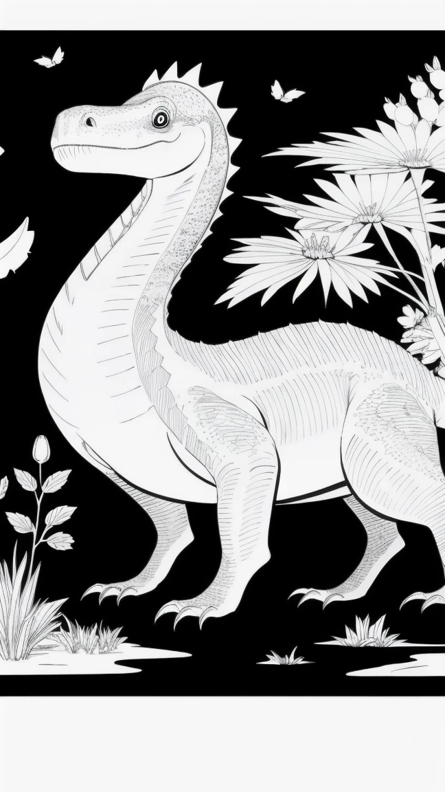 [As a coloring book, white and black color, borders should be simple, clear, distinct, and thick lines], [By Cartoon Style of dinosaur], [Feature], [Place], [Flower] --ar 3:4 --s 150
